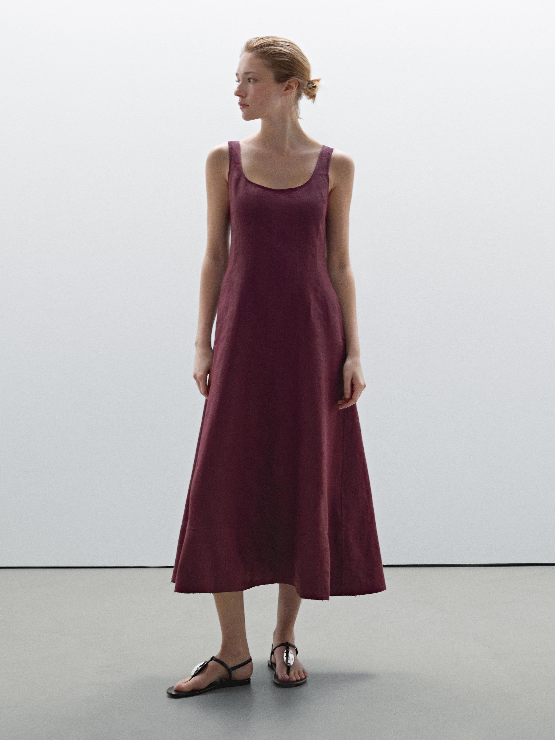 Long flowing 100% linen dress · Burgundy · Smart / Dresses