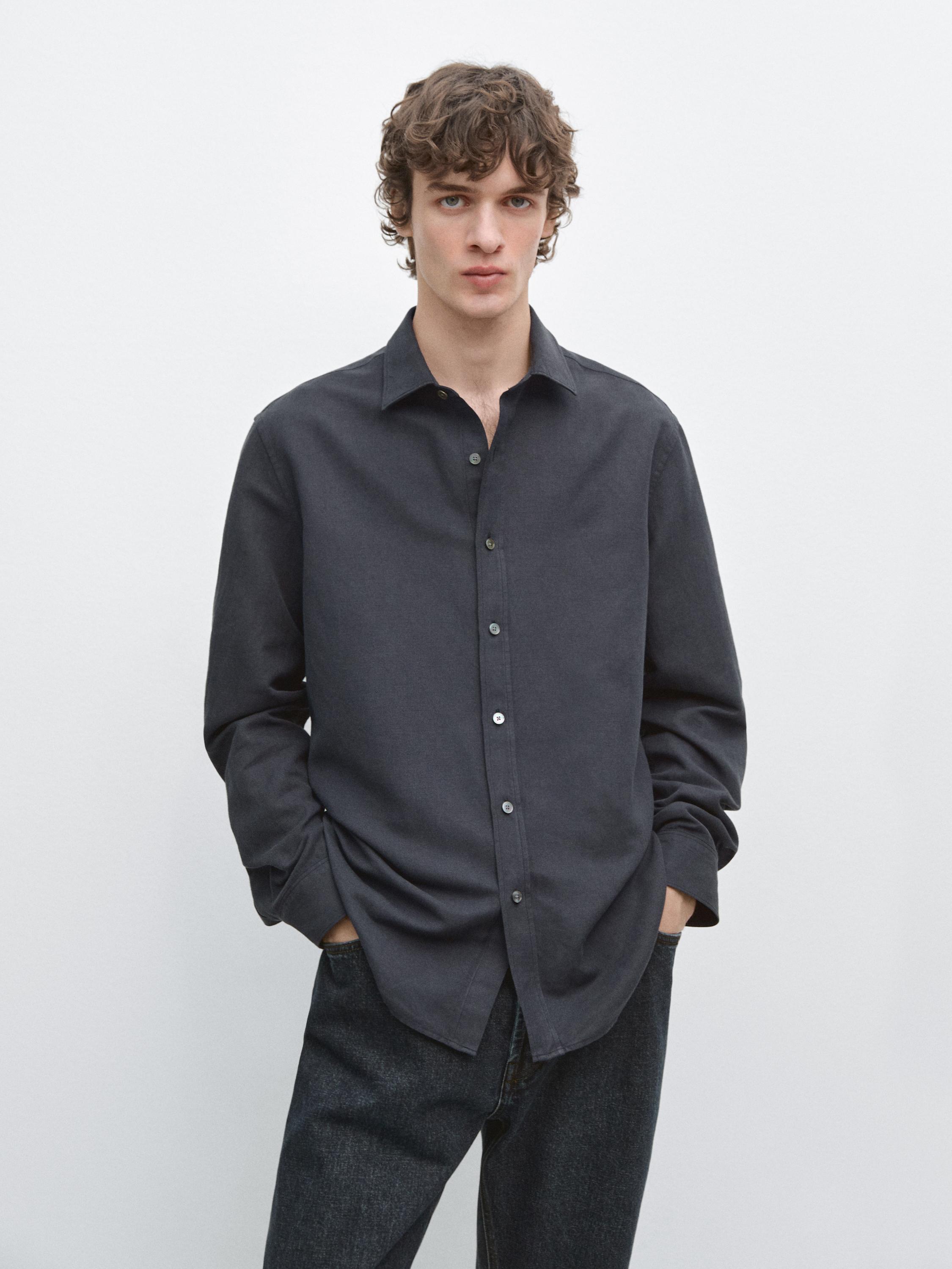 Regular fit linen blend shirt — NAVY BLUE