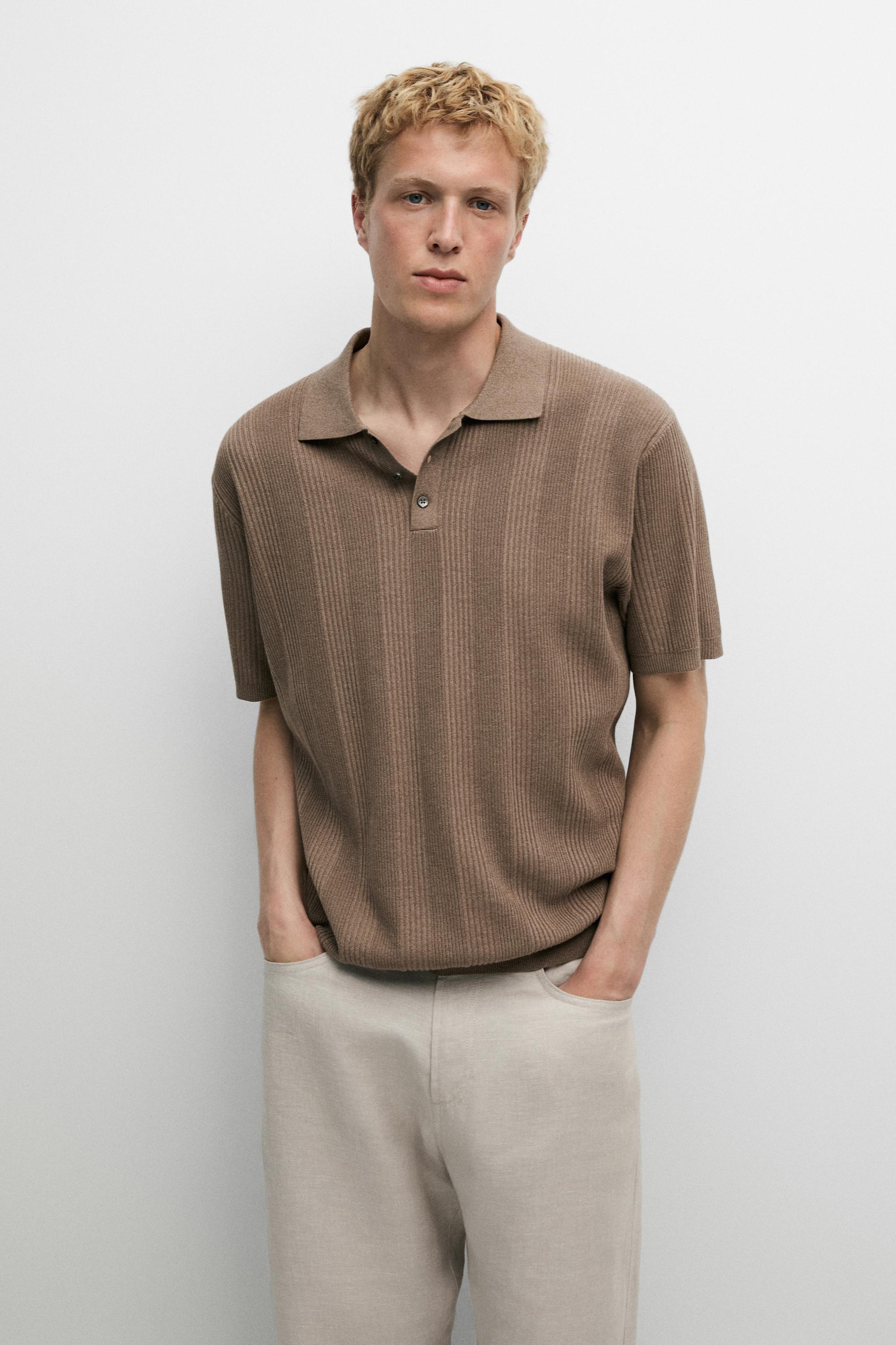 100% cotton textured striped knit polo shirt — PALE KHAKI