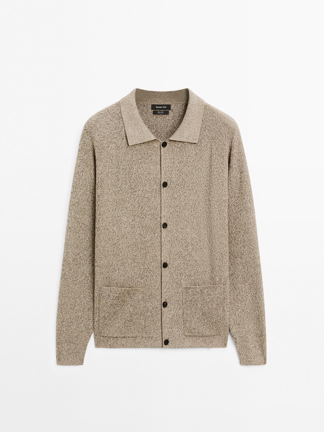 Massimo Dutti - Herre - Cardigan I Moulinéstrik Af 100 % Bomuld - Beige - Xl