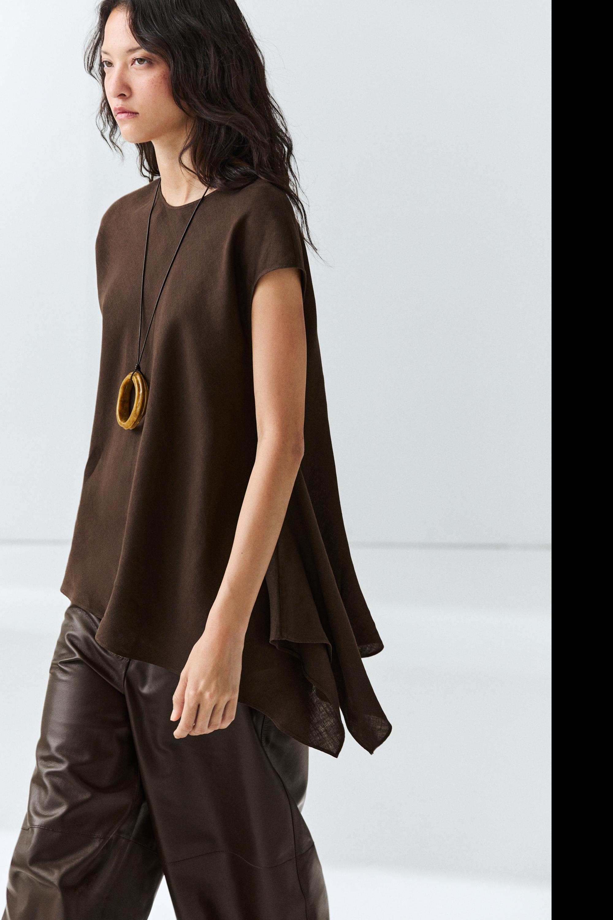 100% linen asymmetric top — BROWN
