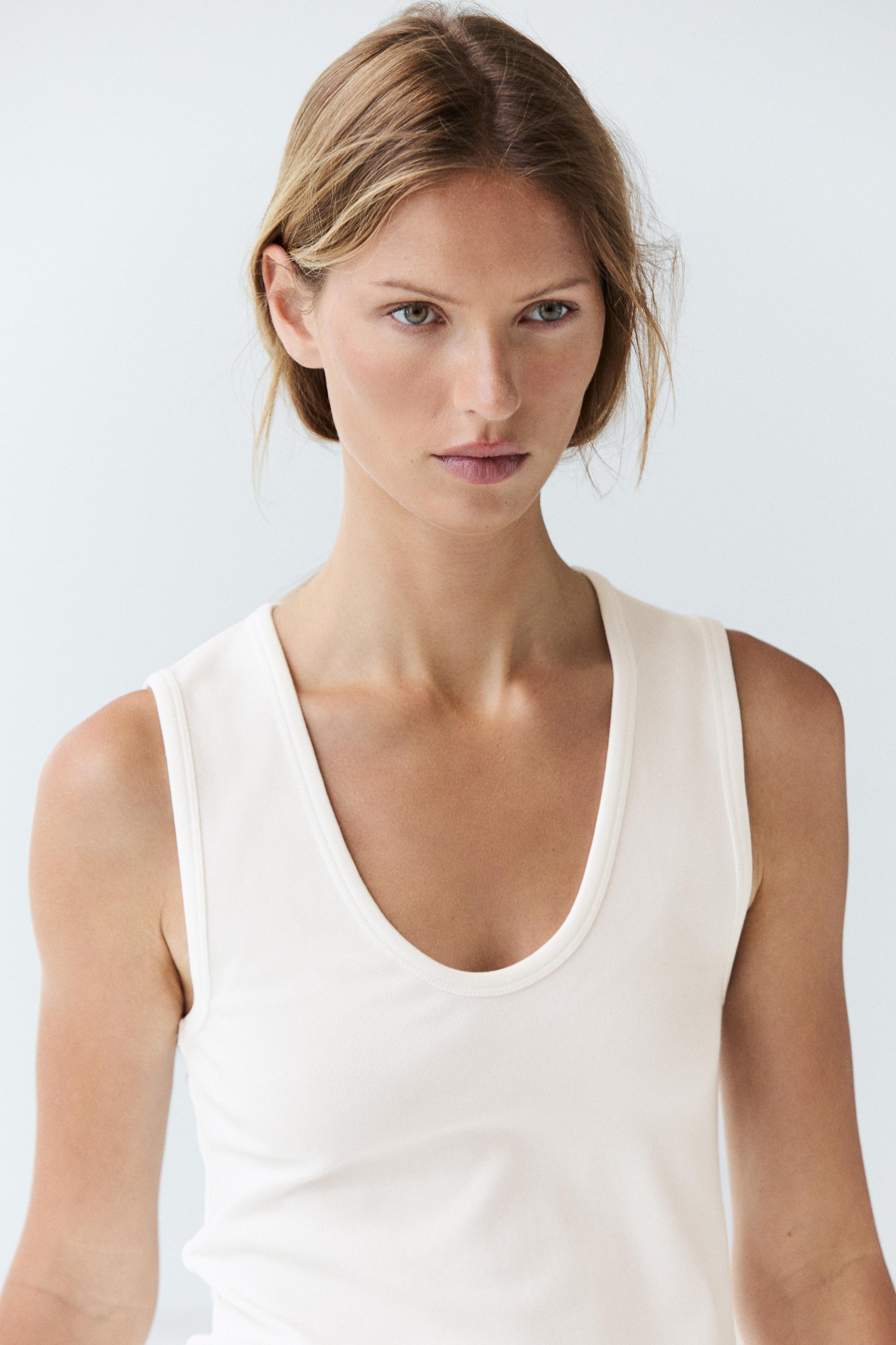 Cotton blend V-neck top — WHITE