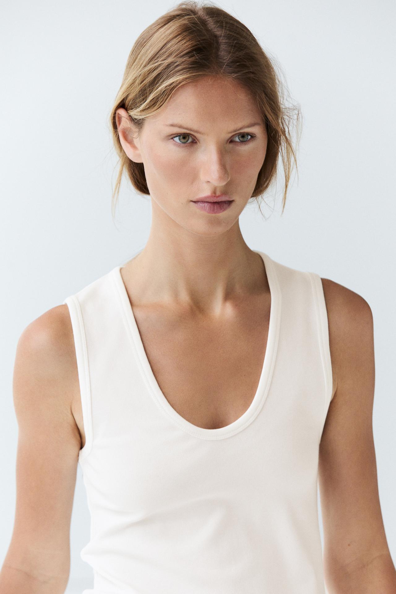 Cotton blend V-neck top — WHITE