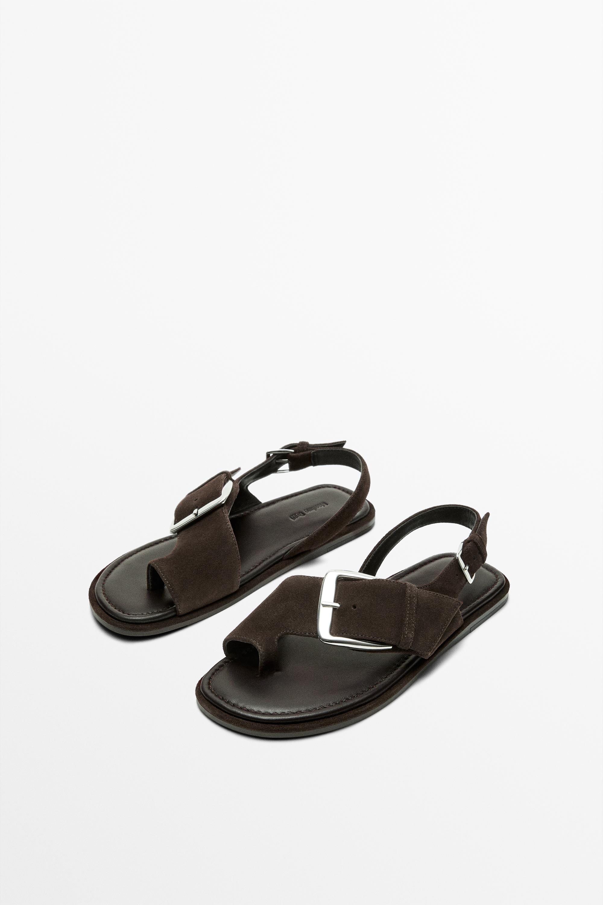 Flat slider sandals with buckle — BROWN