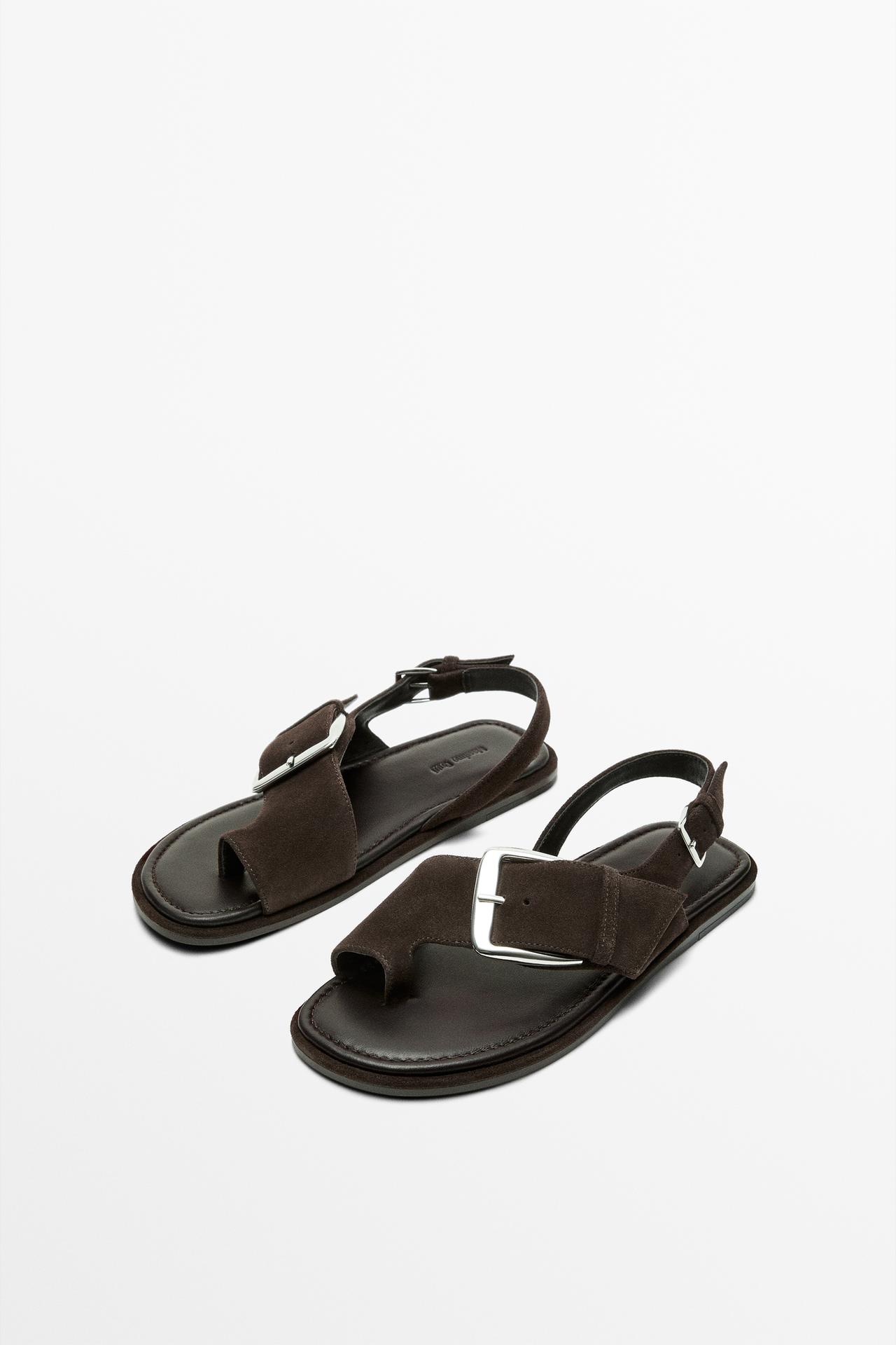 Flat slider sandals with buckle — BROWN