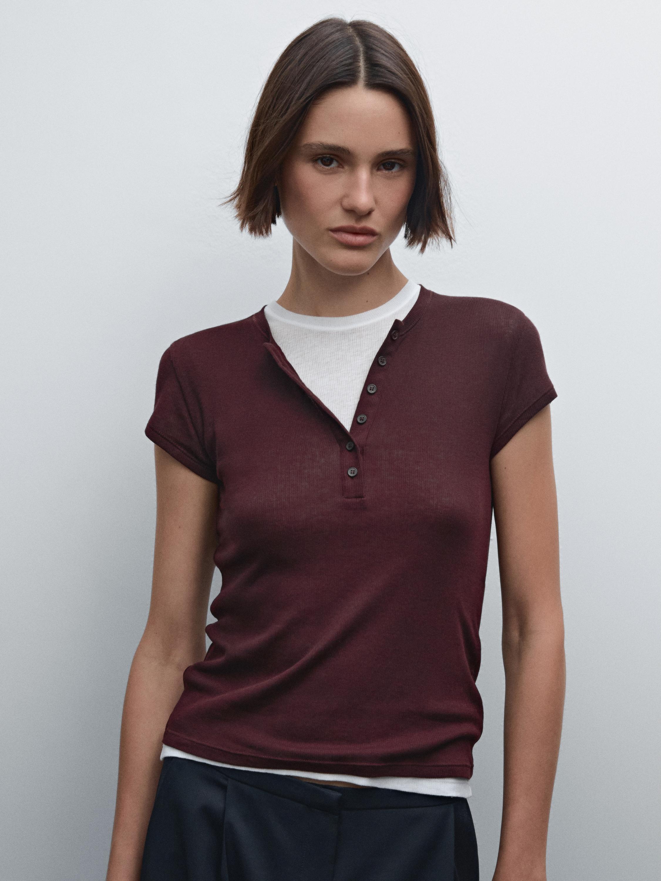Double-layer cotton henley T-shirt
