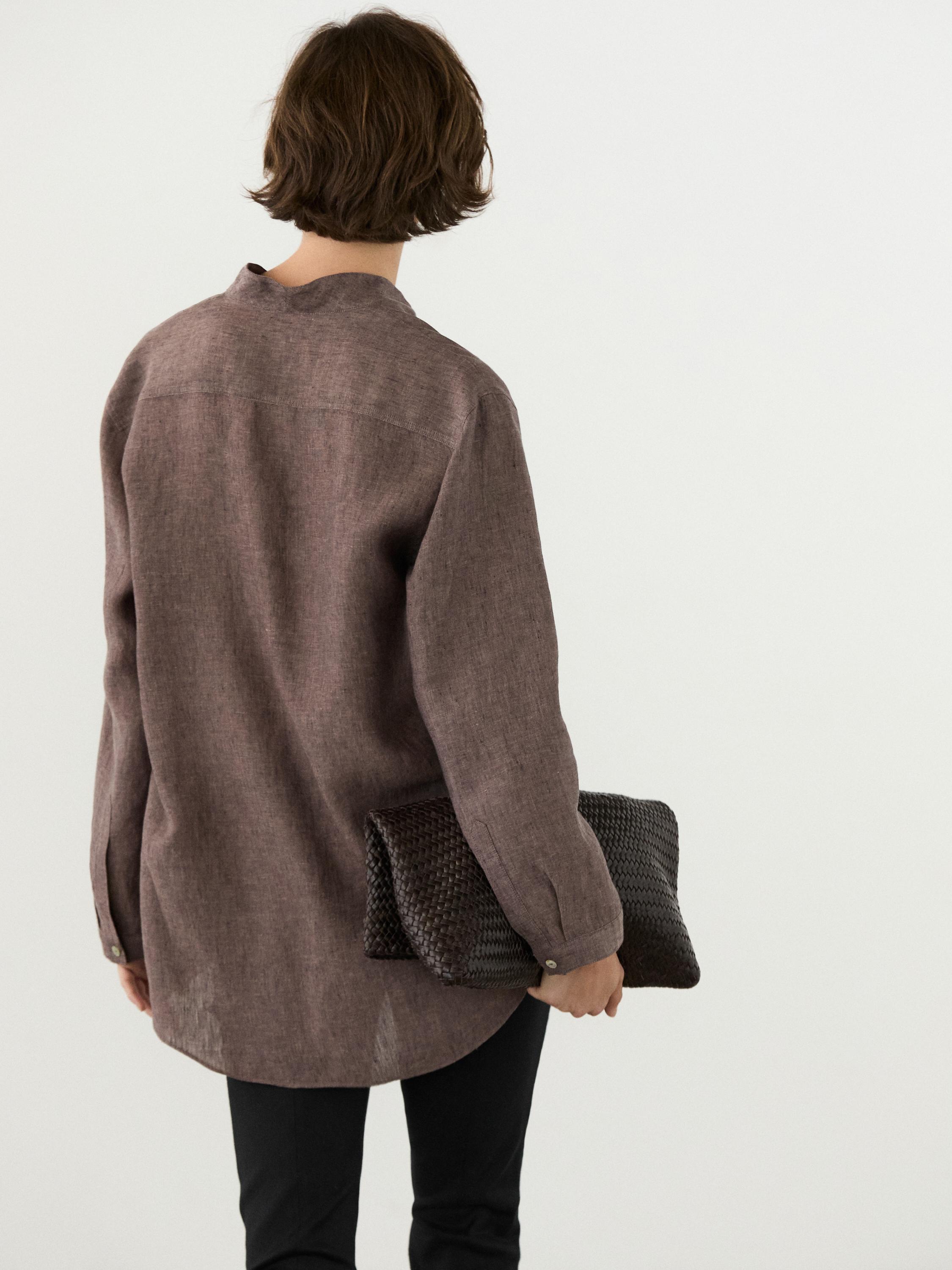 100% linen V-neck shirt — BROWN