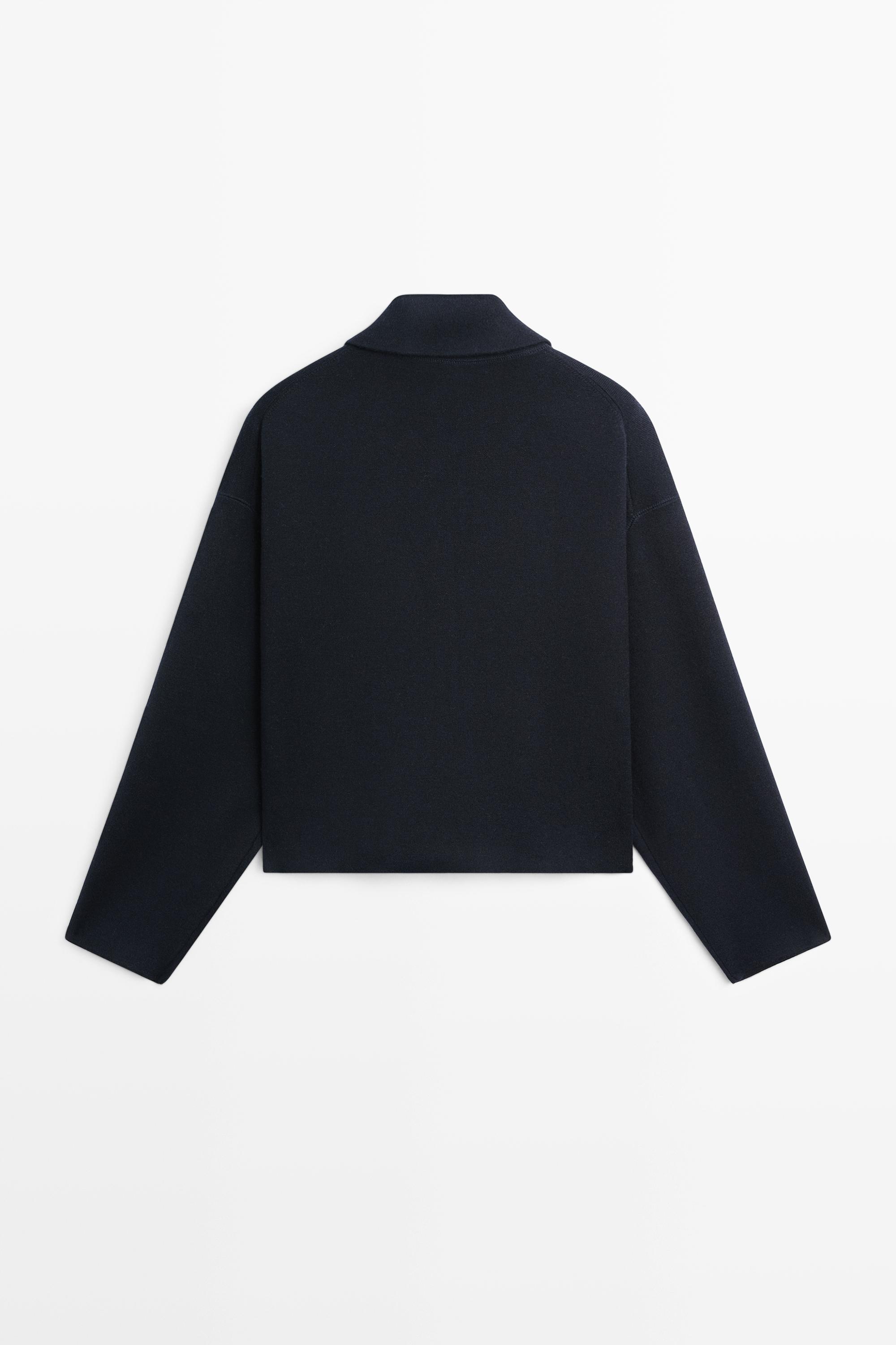 Cotton knit zip-up jacket — NAVY BLUE