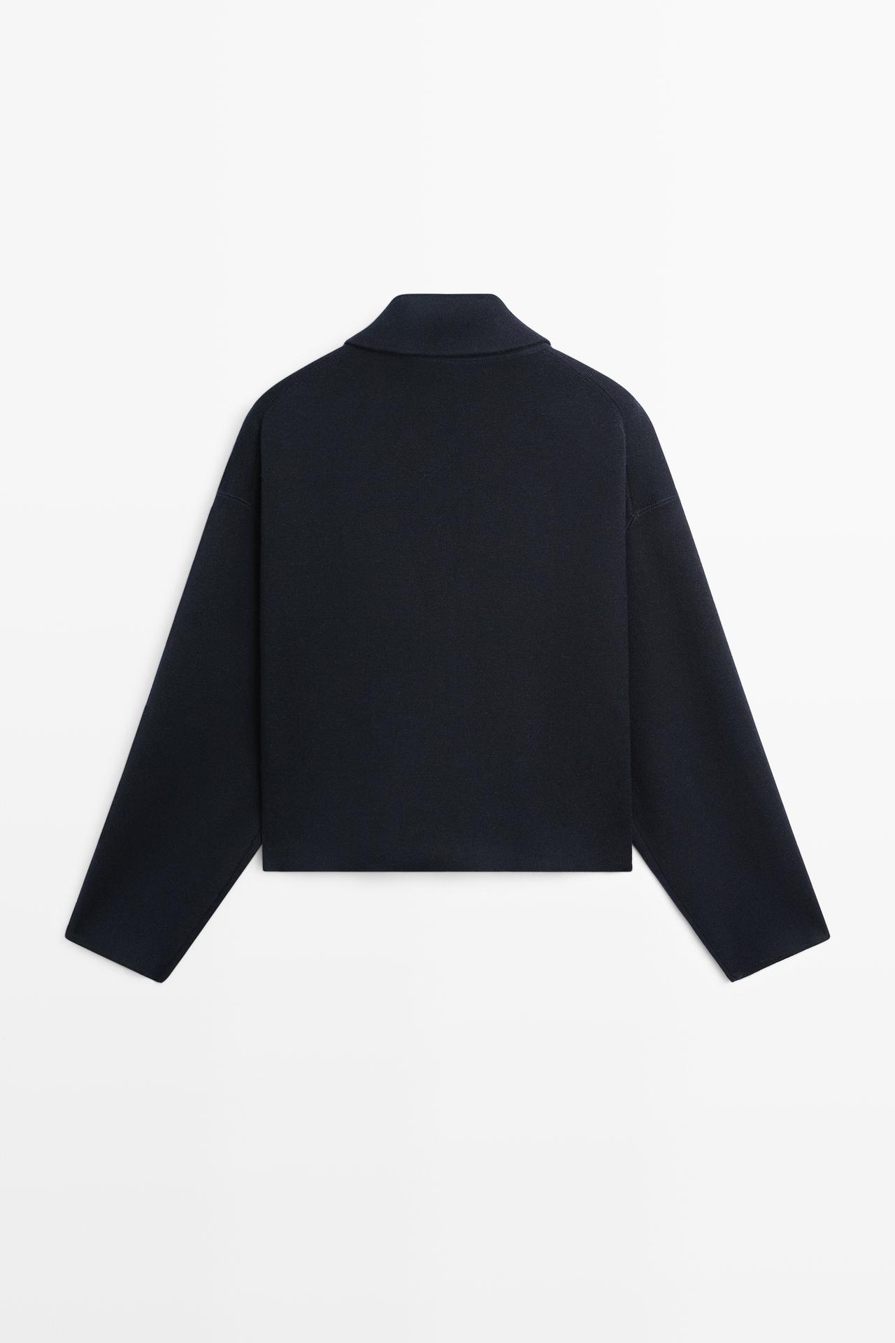 Cotton knit zip-up jacket — NAVY BLUE