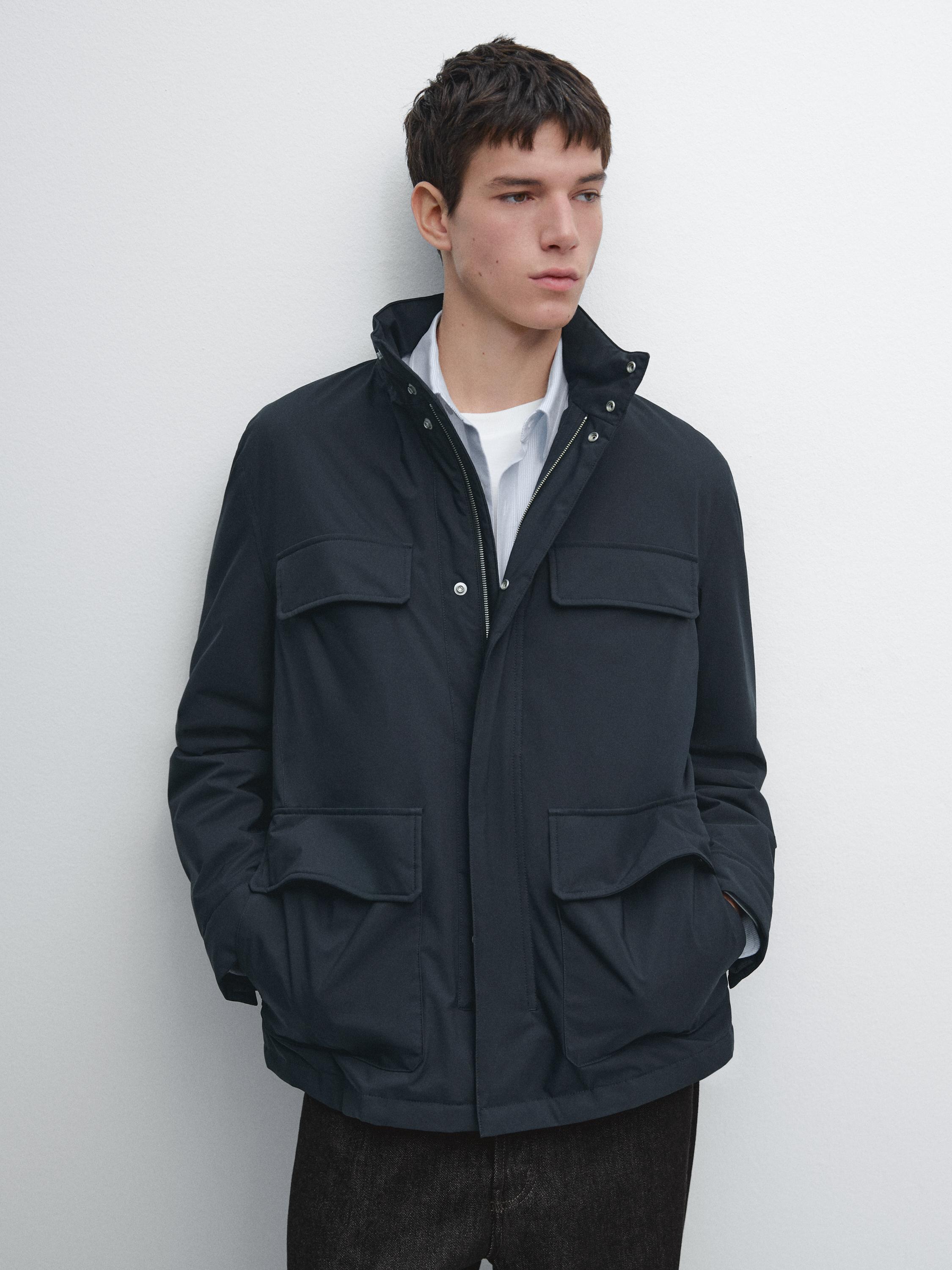 Water-repellent puffer jacket with pockets — NAVY BLUE
