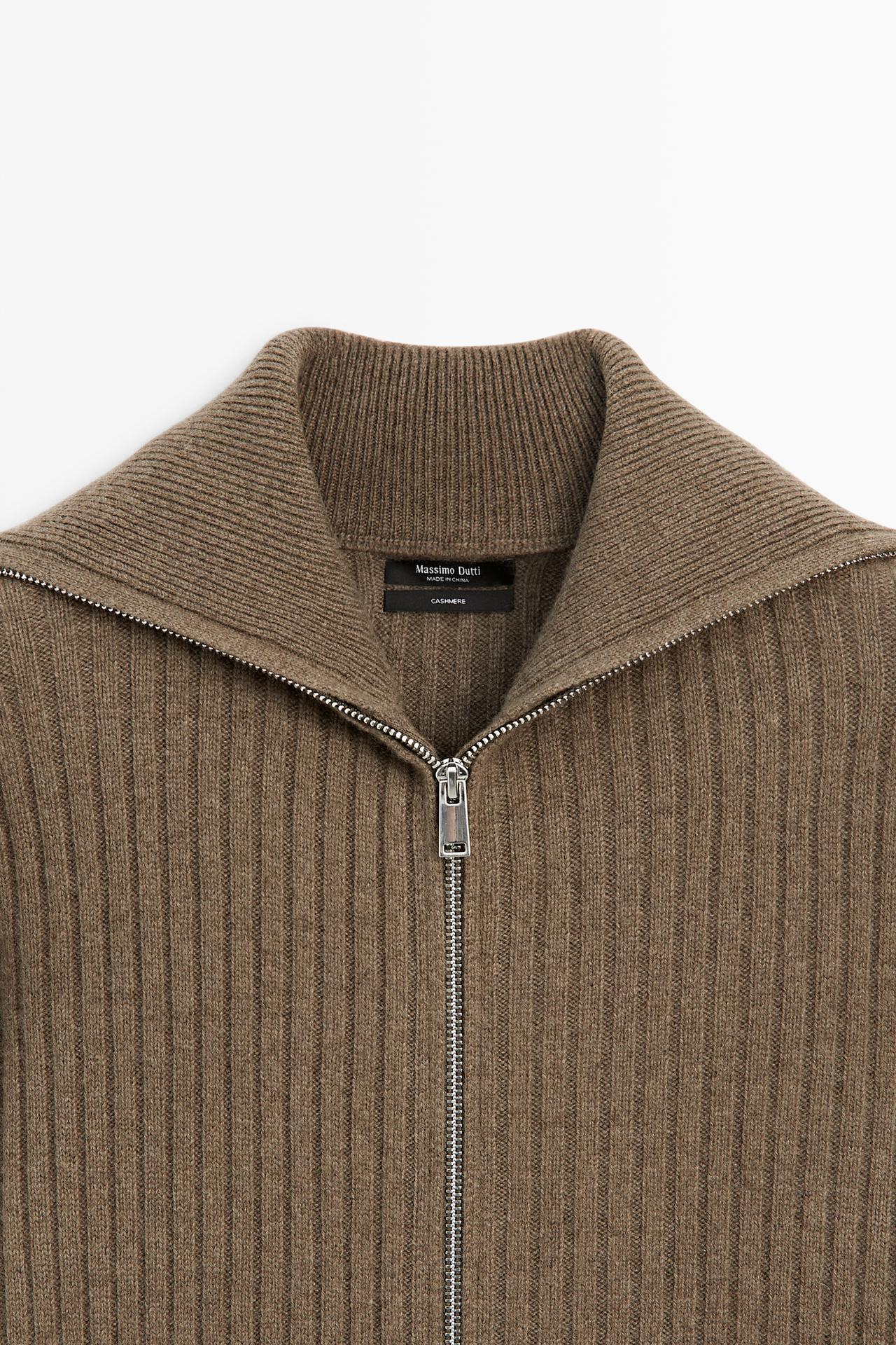 100% Cashmere Ribbed Knit Cardigan — MOLE BROWN