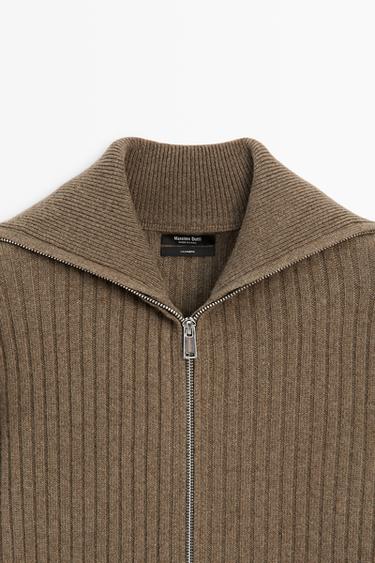 100% Cashmere Ribbed Knit Cardigan — MOLE BROWN 9