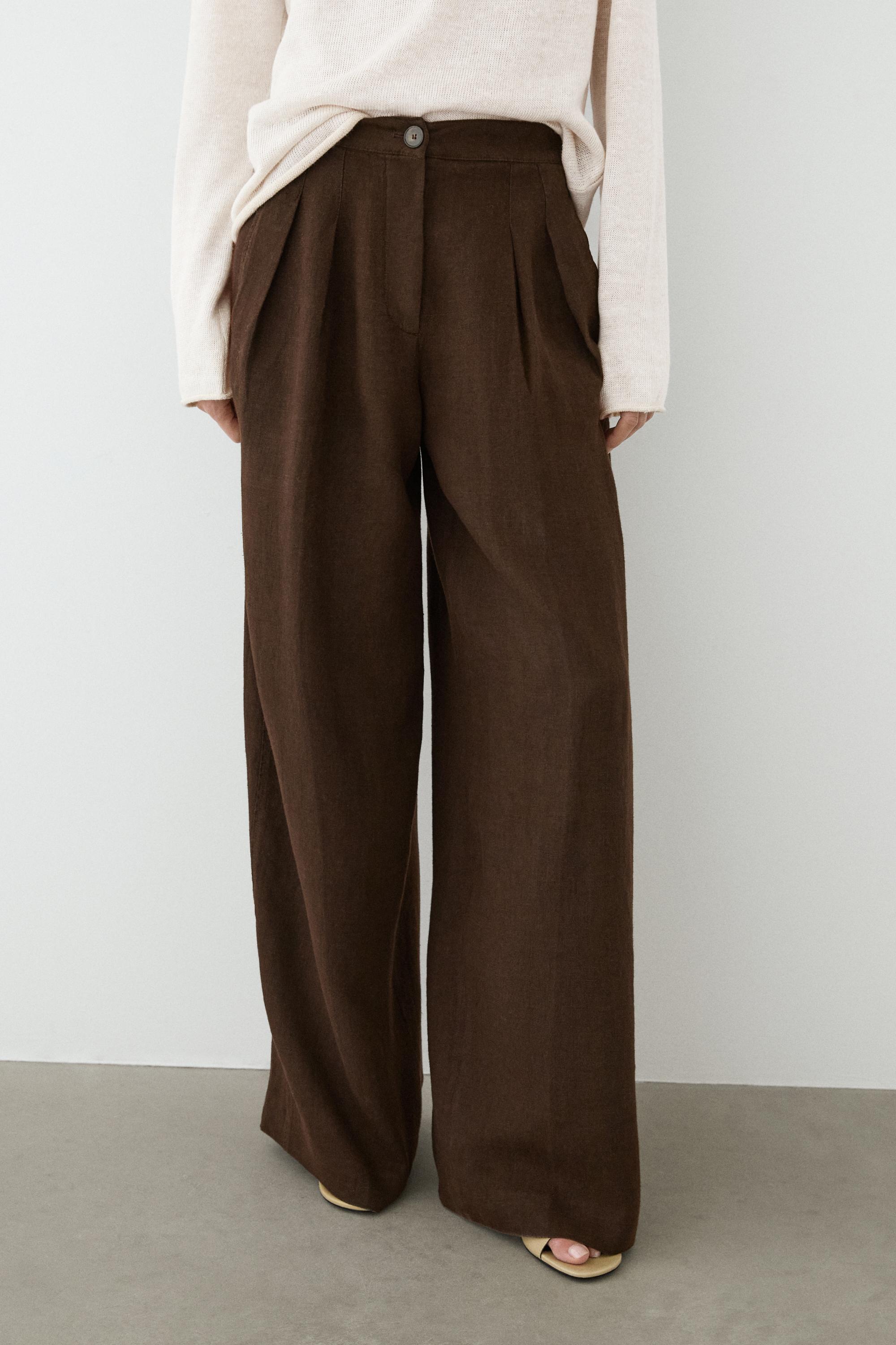 100% linen wide-leg pleated trousers — BROWN