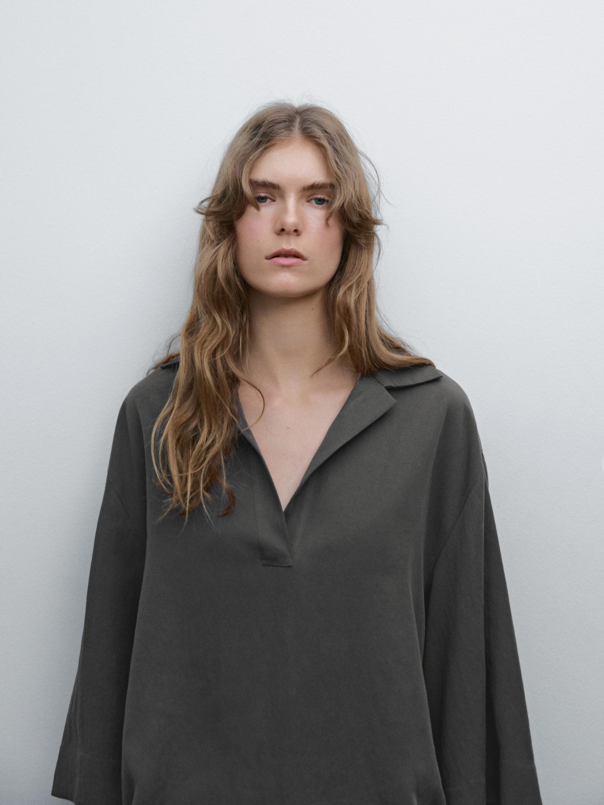 Chemisier Fluide À Col Polo - Marron Taupe - M - Massimo Dutti - Femme