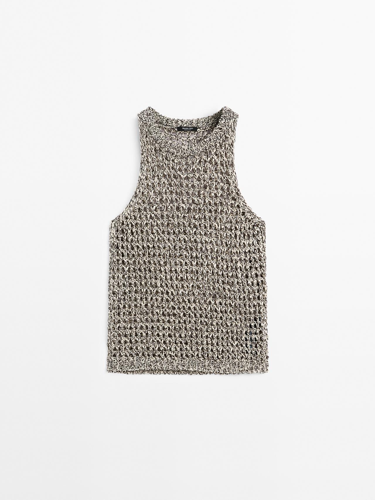 Massimo Dutti - Dame - Halterneck-Top I Bomuldsblanding Med Hulmønster - Beige - S