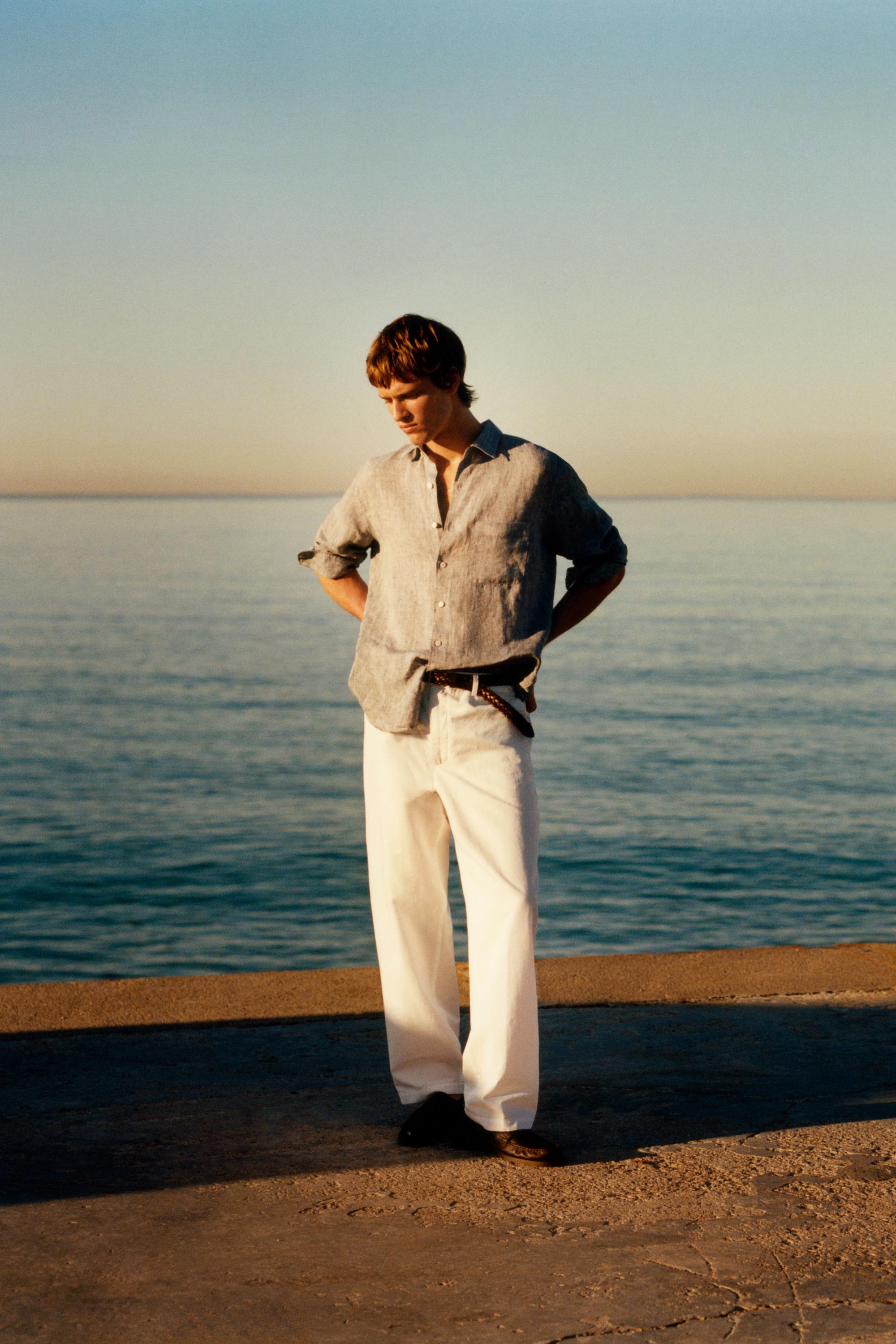 Regular fit linen shirt with pocket — BLUE
