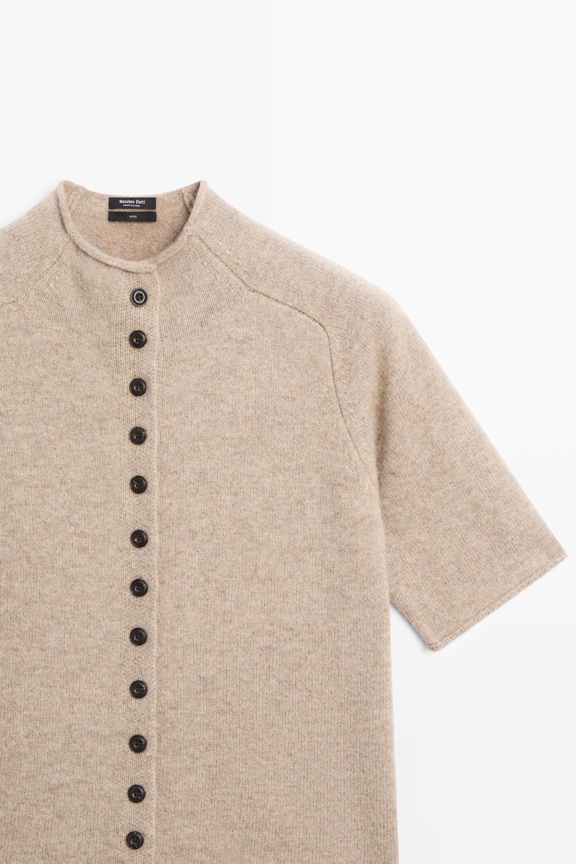 100% wool funnel neck knit cardigan — BEIGE MARL