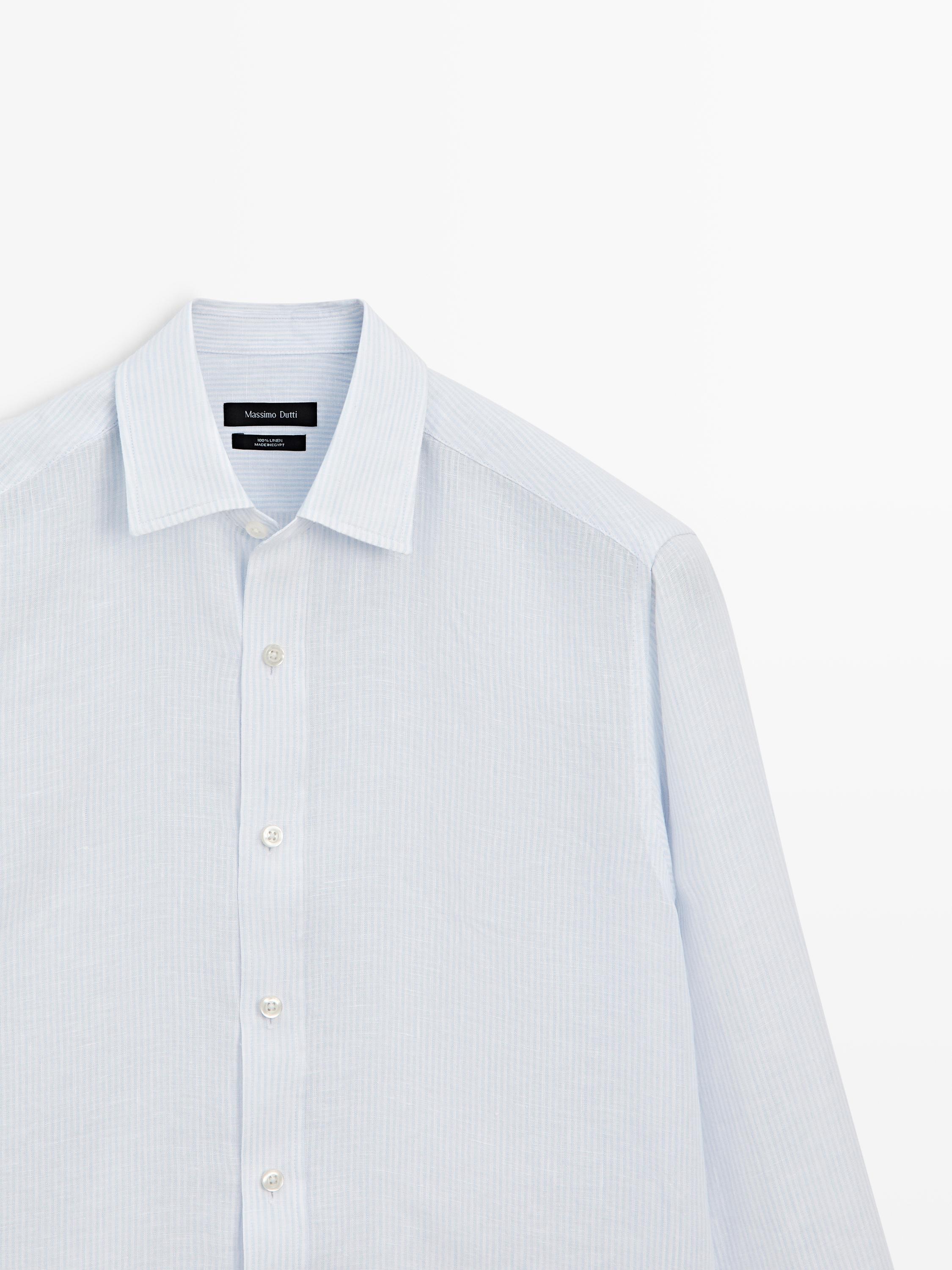 Striped slim fit linen shirt — Sky blue