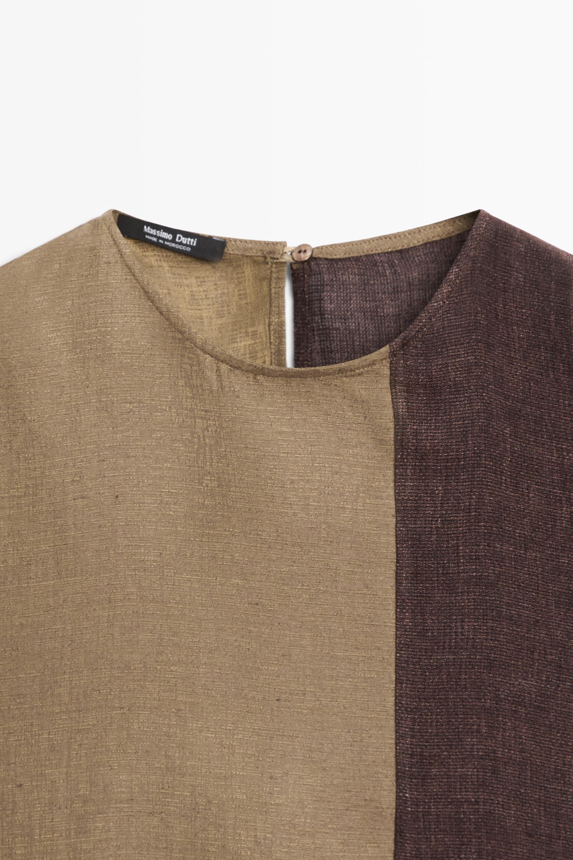 Linen-blend color-block flowing top — BROWN