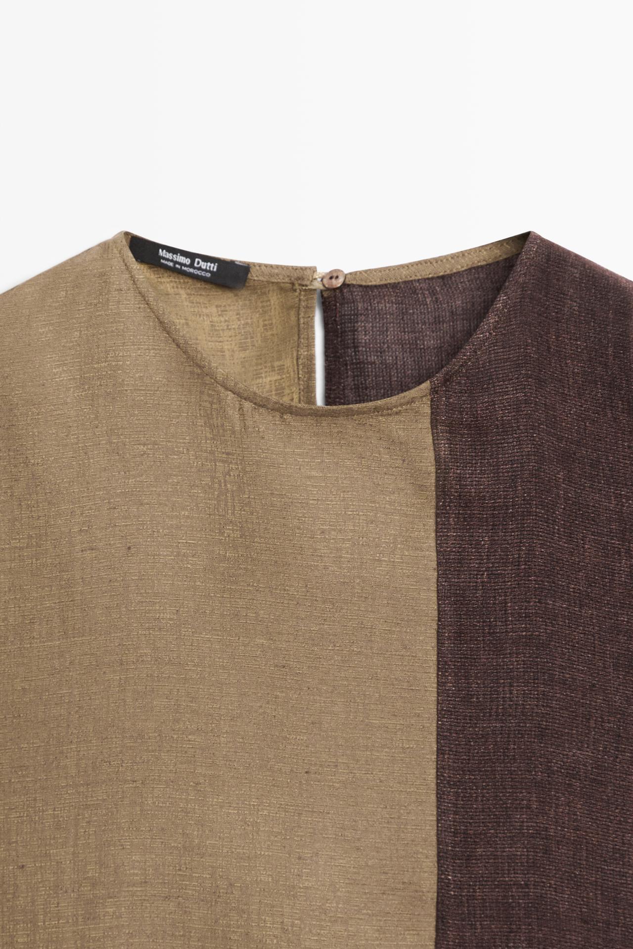 Linen-blend color-block flowing top — BROWN