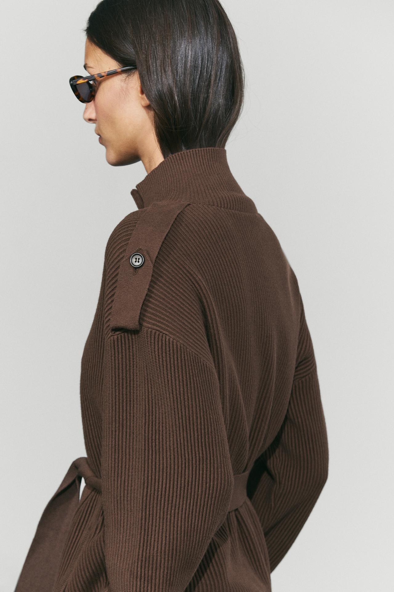 Ribbed knit cardigan with belt — BROWN