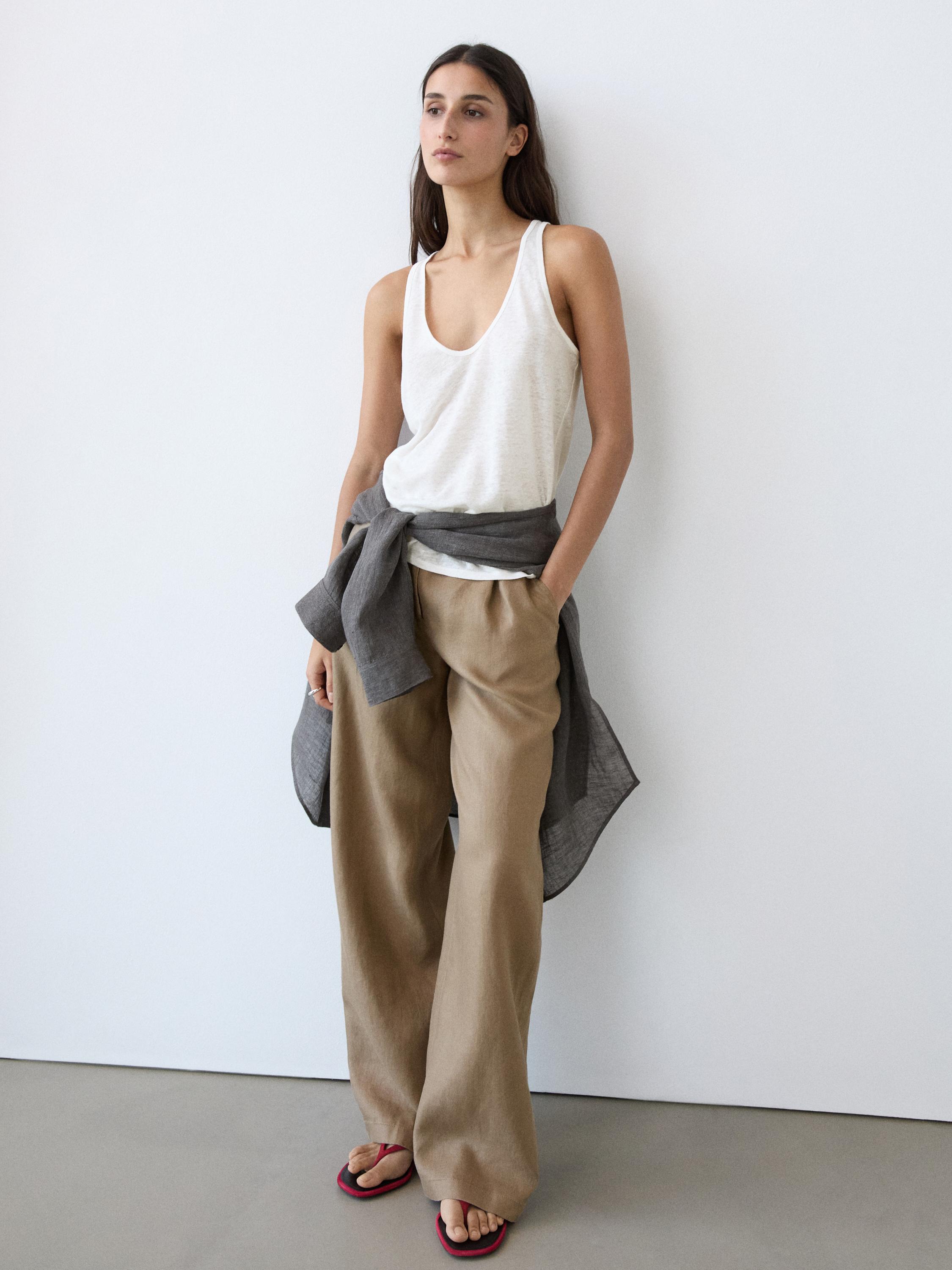 100% linen wide-leg elasticated trousers — PALE GREEN