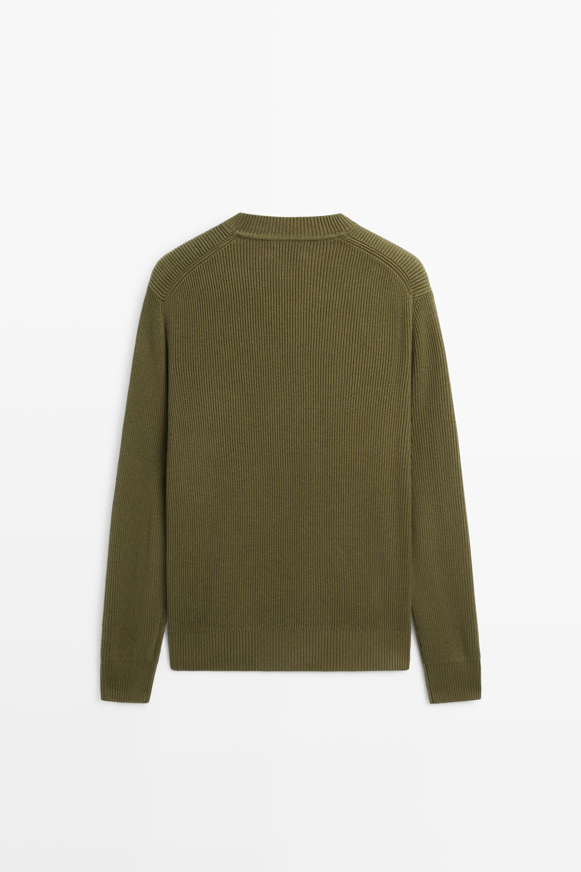 Cotton blend ribbed knit sweater — KHAKI