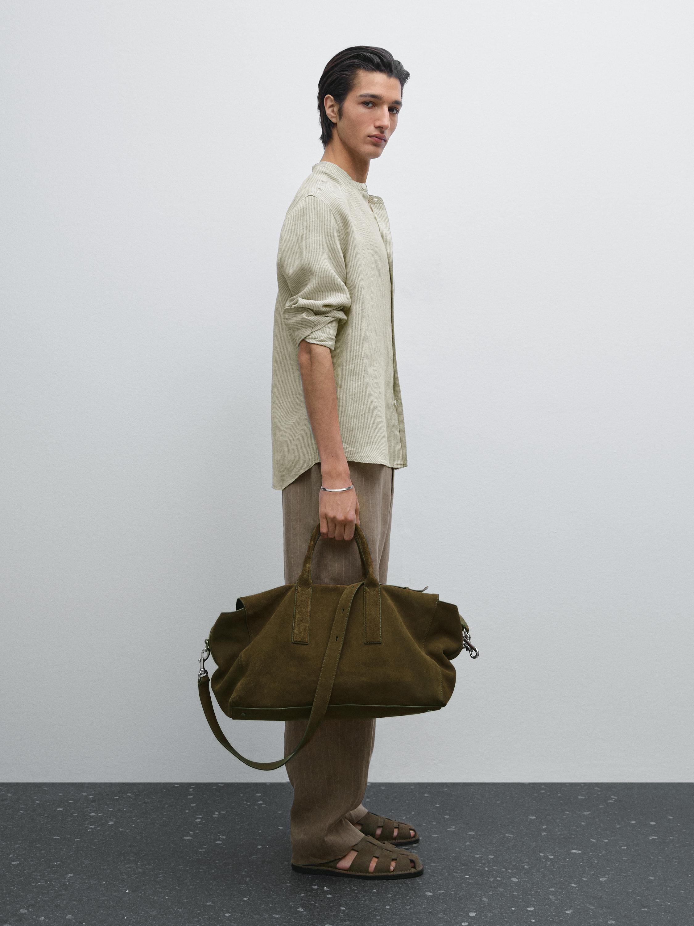 100% linen striped shirt with stand collar