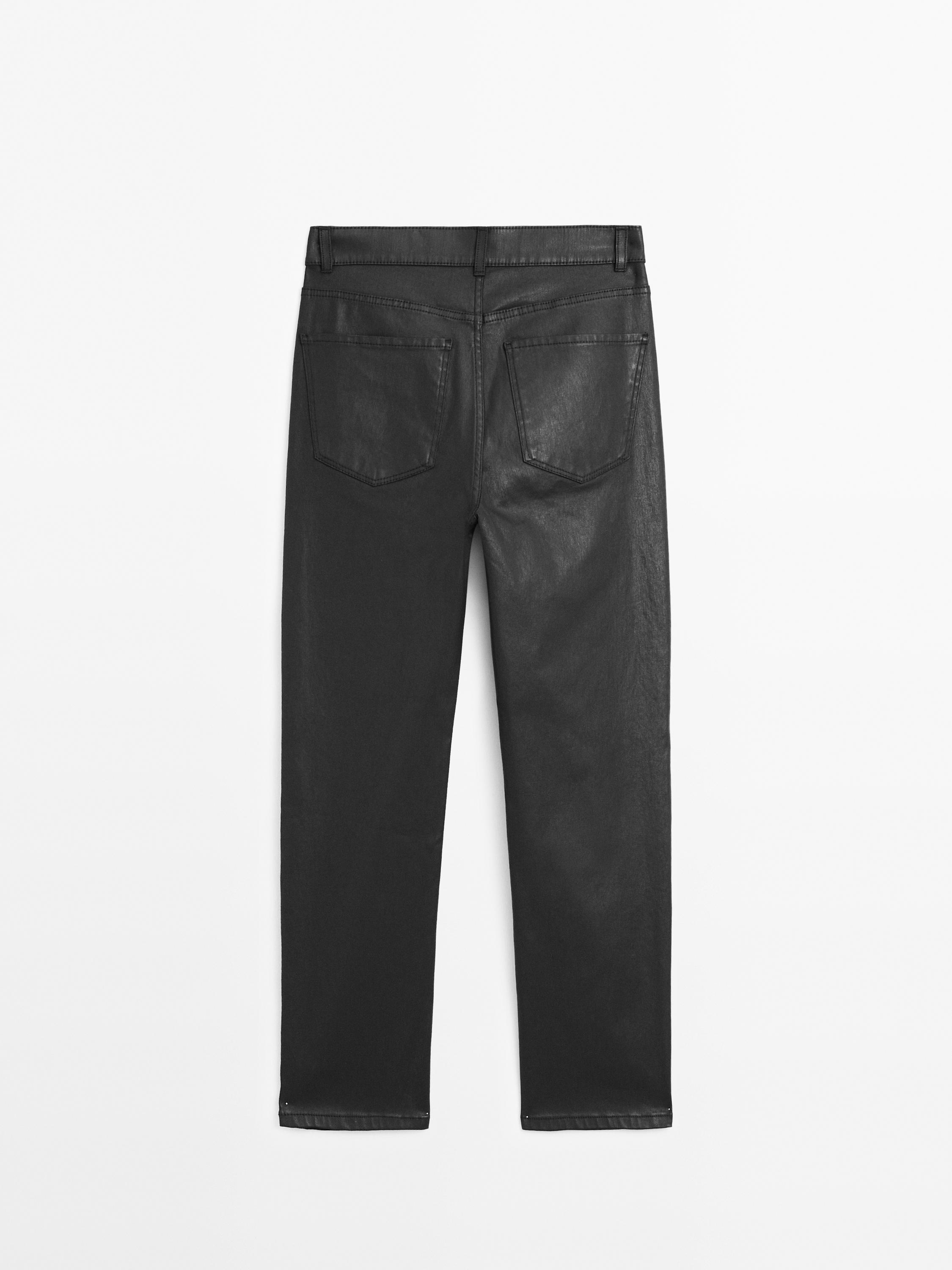 High-waist straight-leg waxed trousers — BLACK