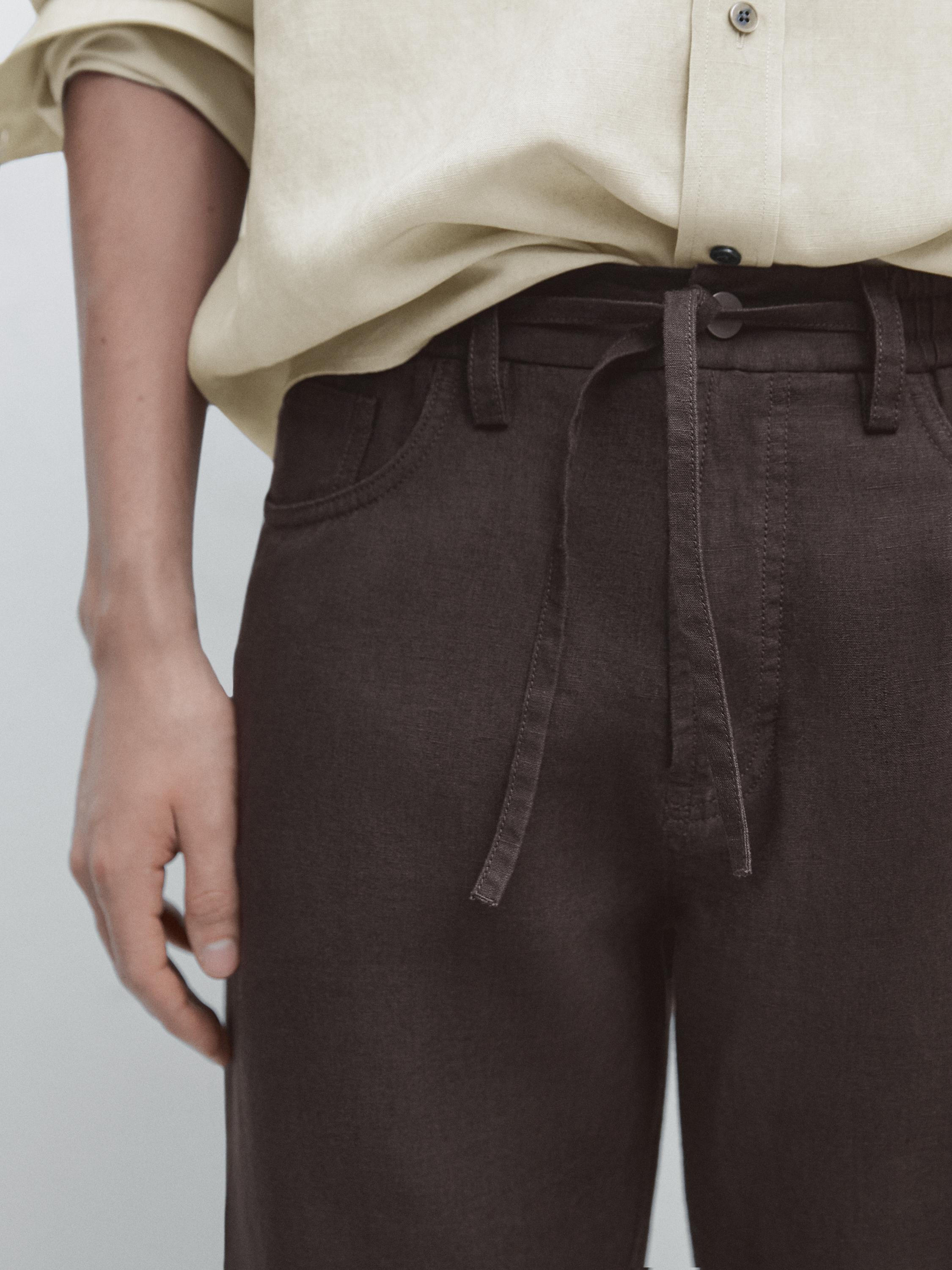 Linen jogger fit trousers — BROWN