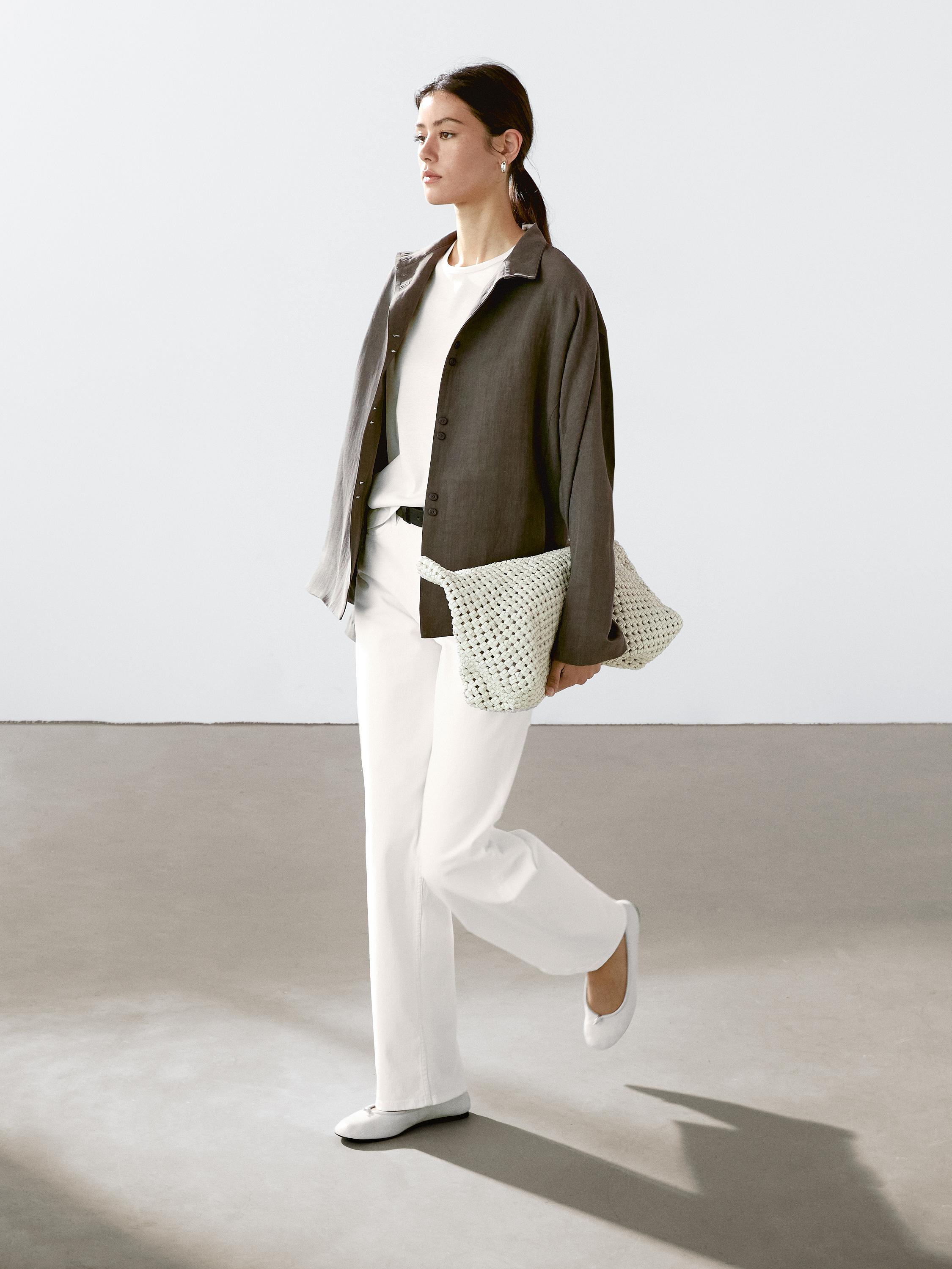 Linen blend stand collar jacket · Mole Brown · Coats And Jackets Massimo Dutti