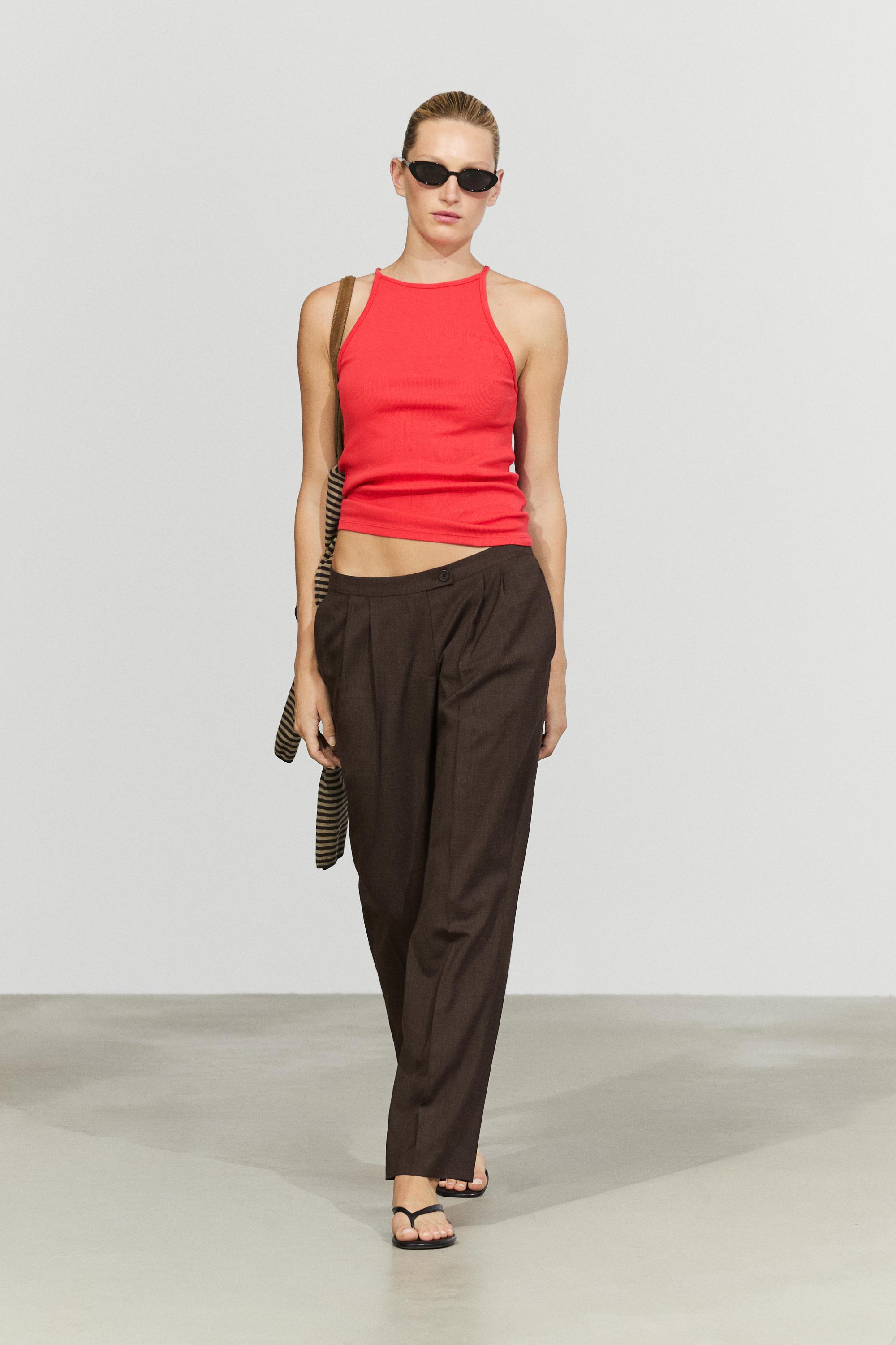 Cotton blend poplin pleated pants