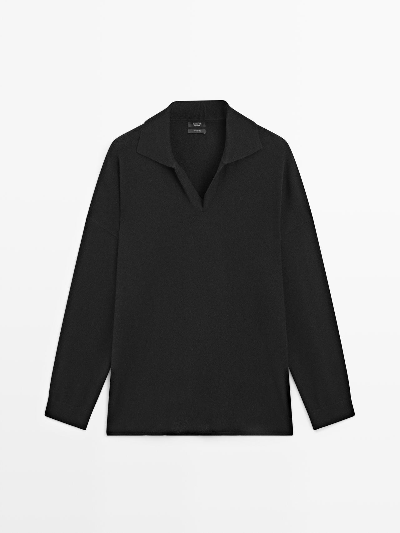 100% cashmere oversize polo collar sweater — BLACK