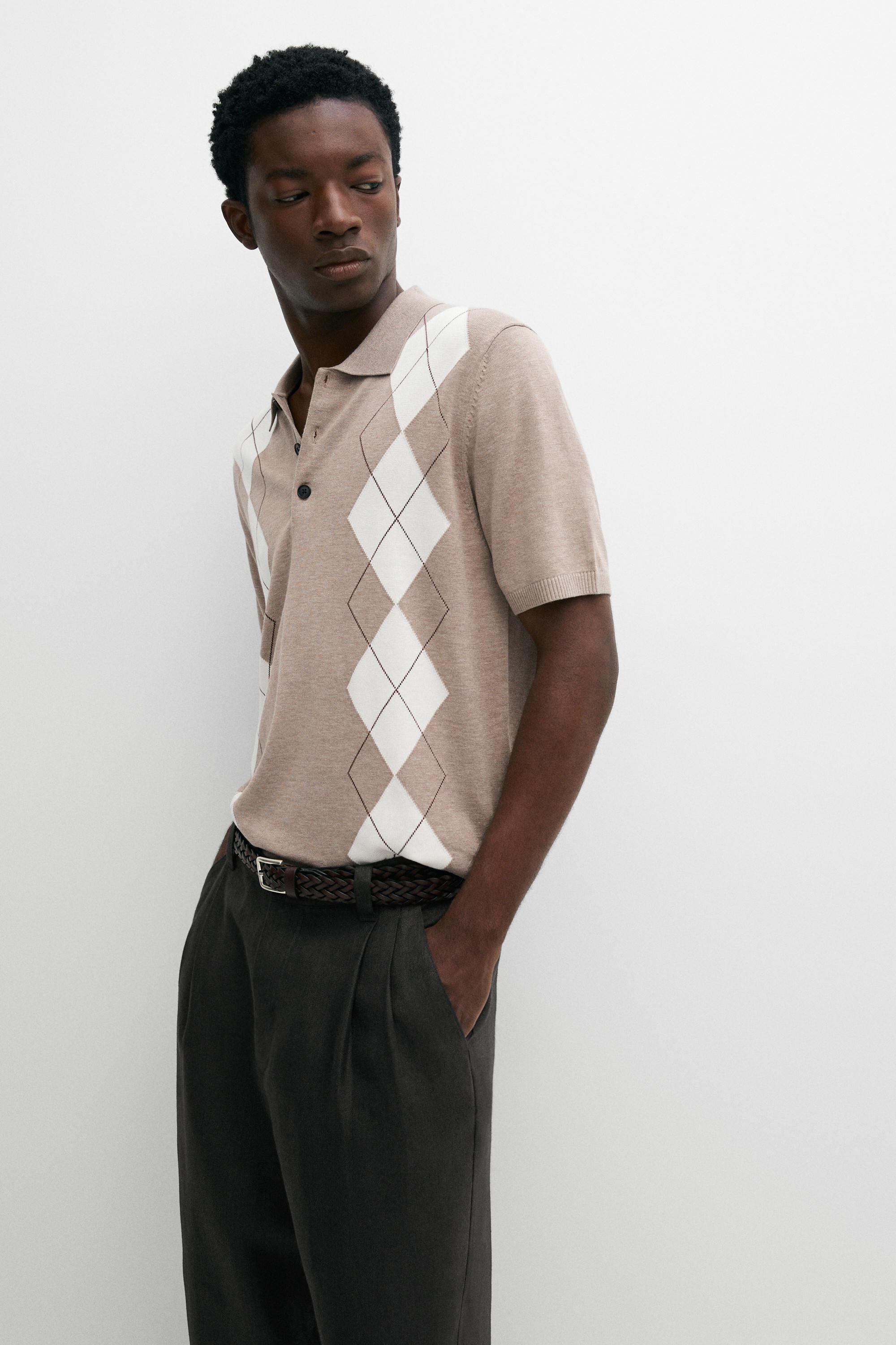 Cotton blend diamond pattern short sleeve polo shirt — BEIGE MARL