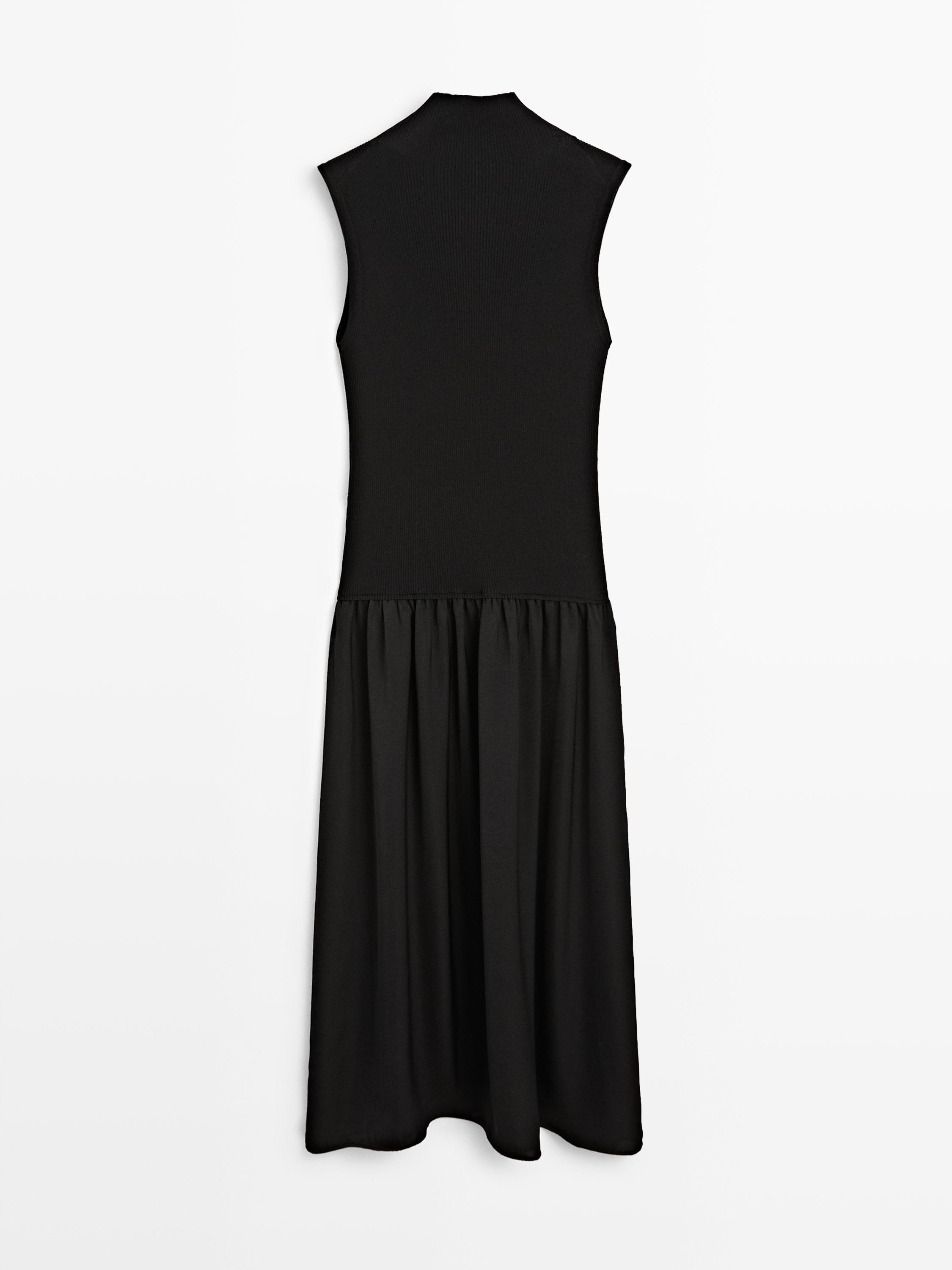 Knit Midi Dress With Contrast Detail - Black - M - Massimo Dutti - Women