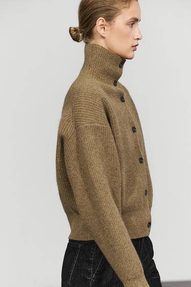 100% wool purl funnel neck cardigan — OIL 8