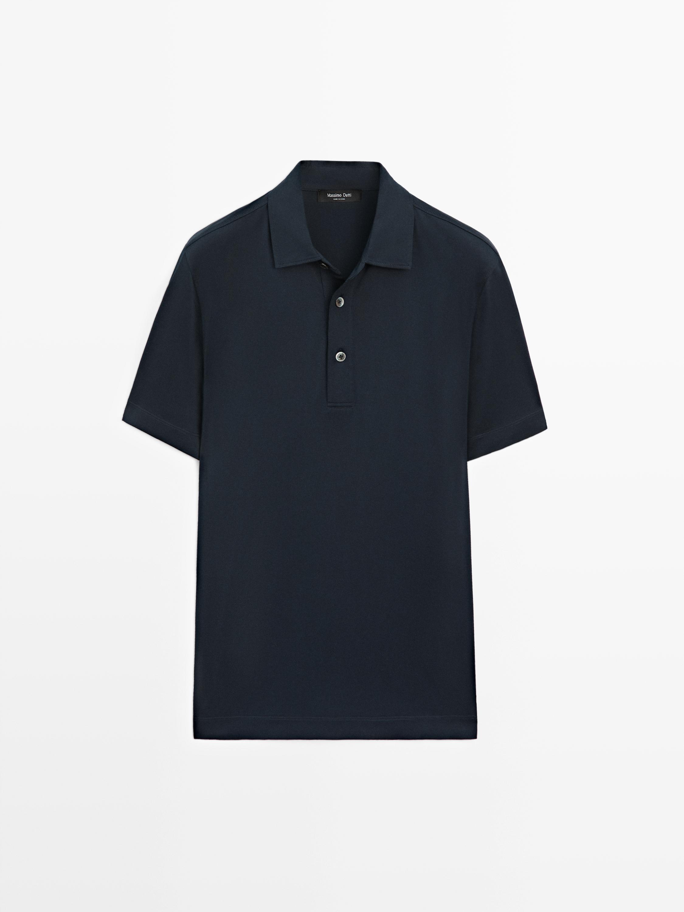 Front view of a navy blue short-sleeved polo shirt with a classic collar and a three-button placket.