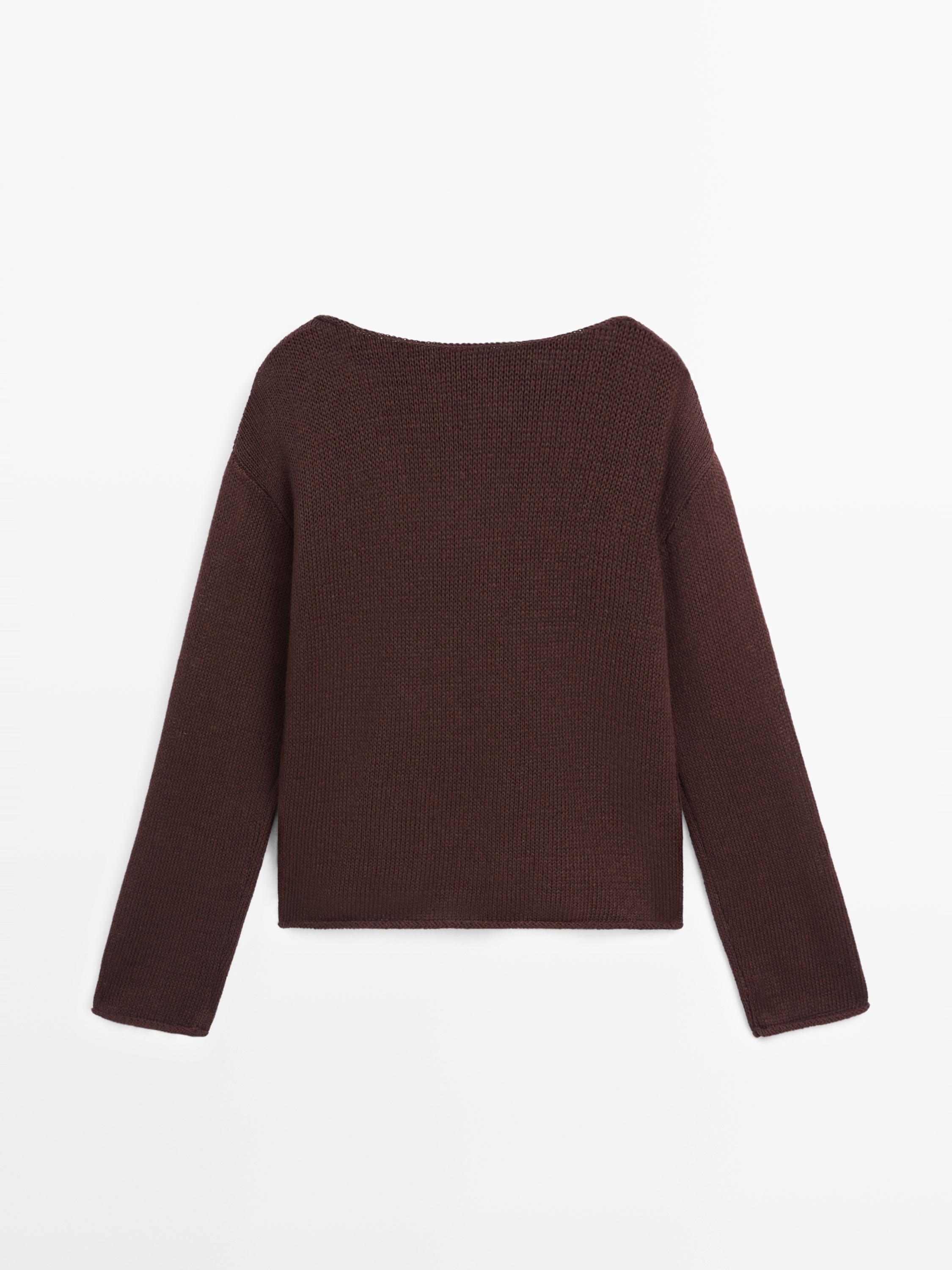 Cotton and linen knit sweater with pocket detail — BROWN