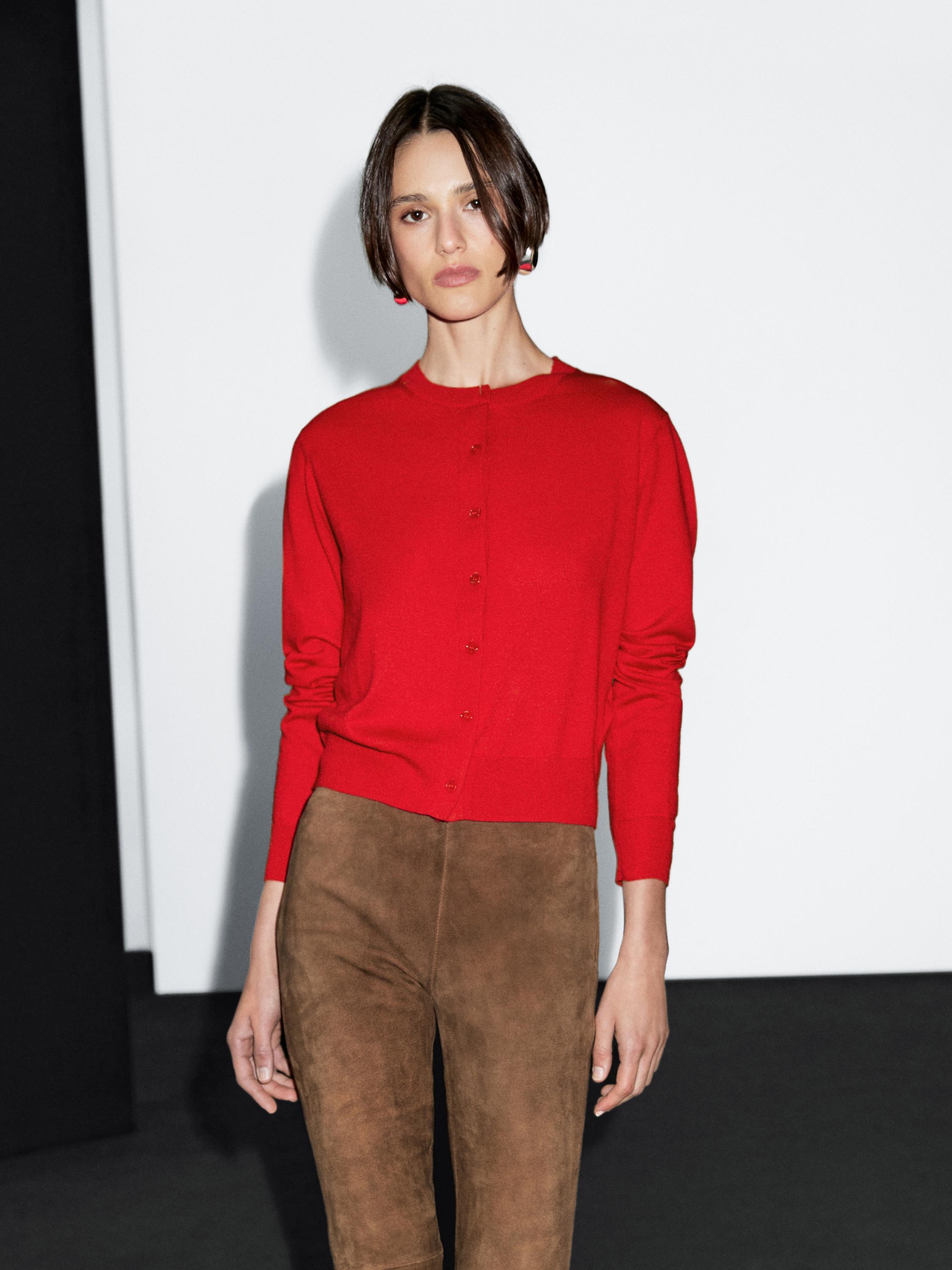 Wool blend knit cardigan with crew neck