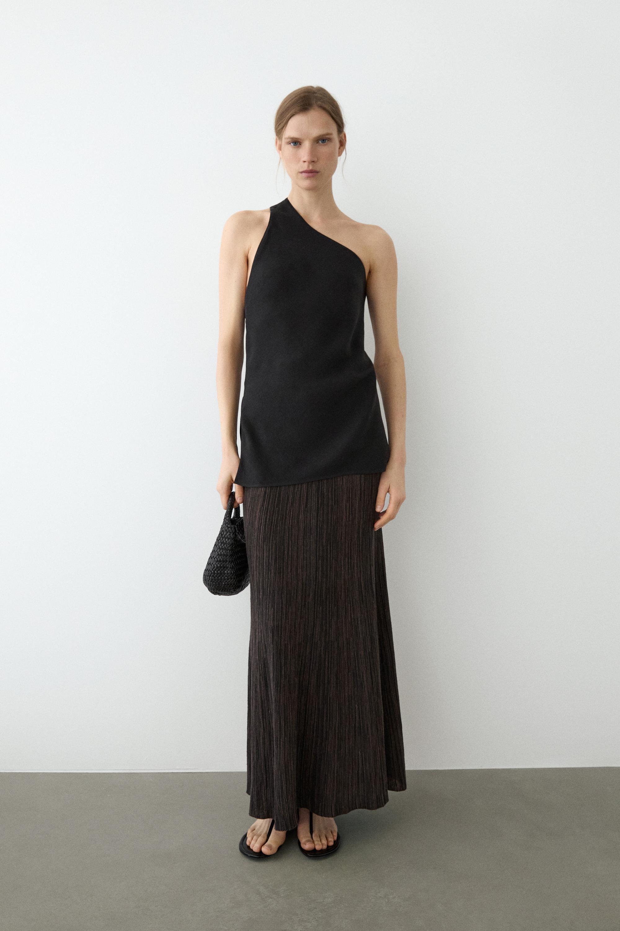 Total look pleated midi skirt with striped detail — Chocolate