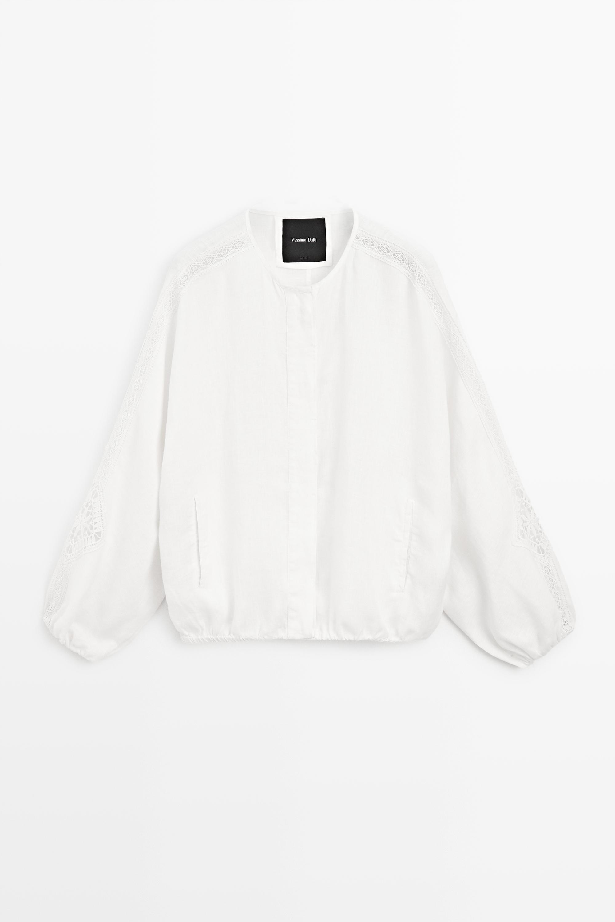 100% linen bomber jacket with embroidered detail — WHITE