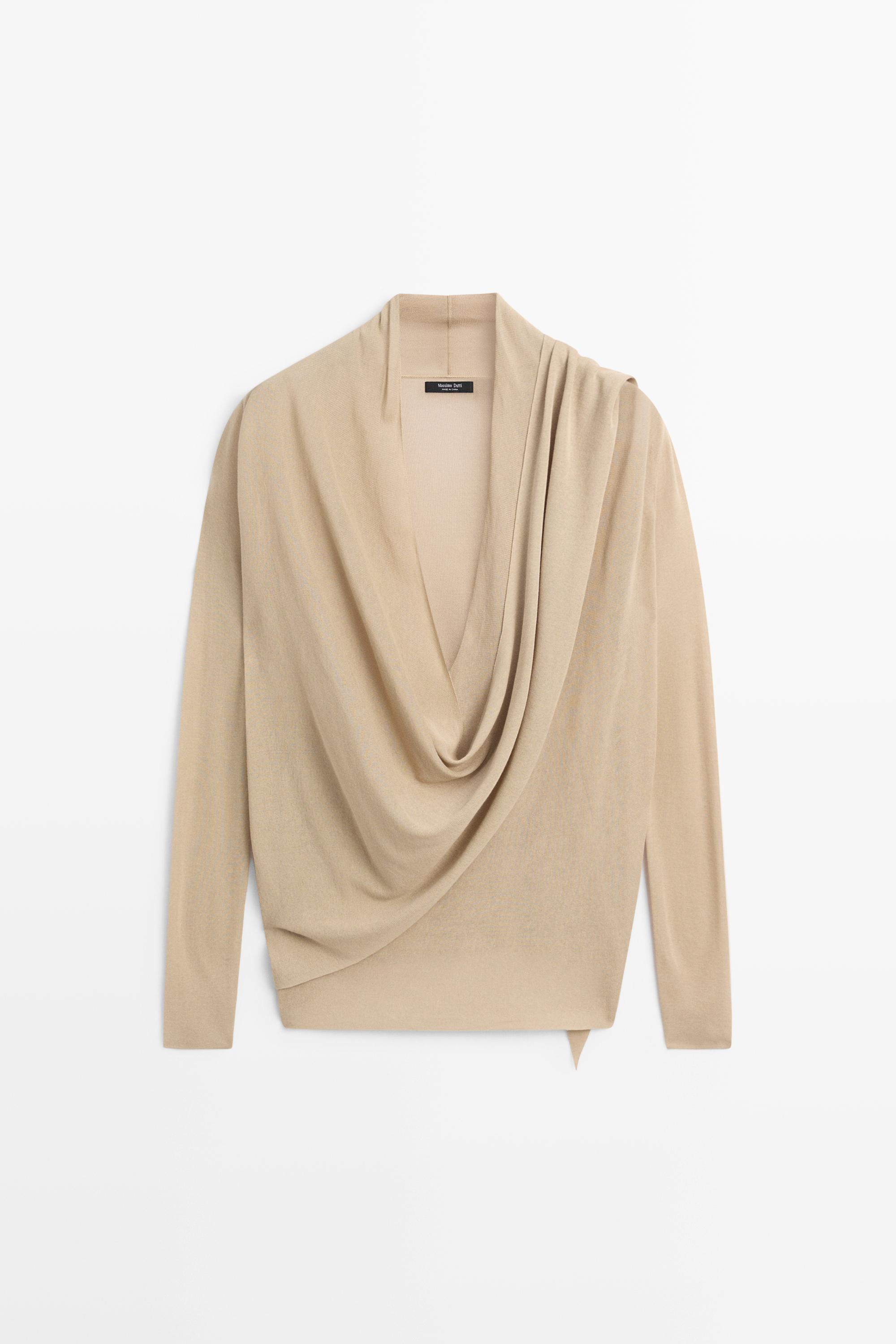 Draped wrap-effect knit cardigan — SAND