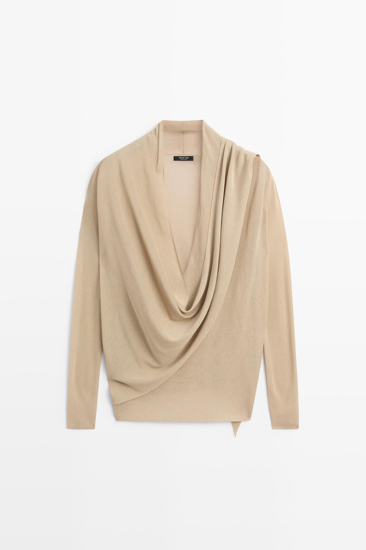 Draped wrap-effect knit cardigan — SAND