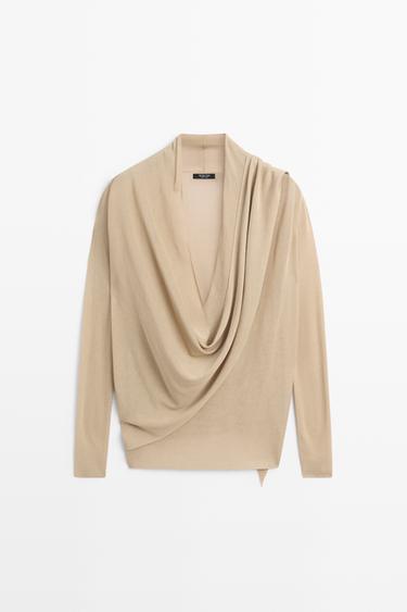 Draped wrap-effect knit cardigan — SAND 2
