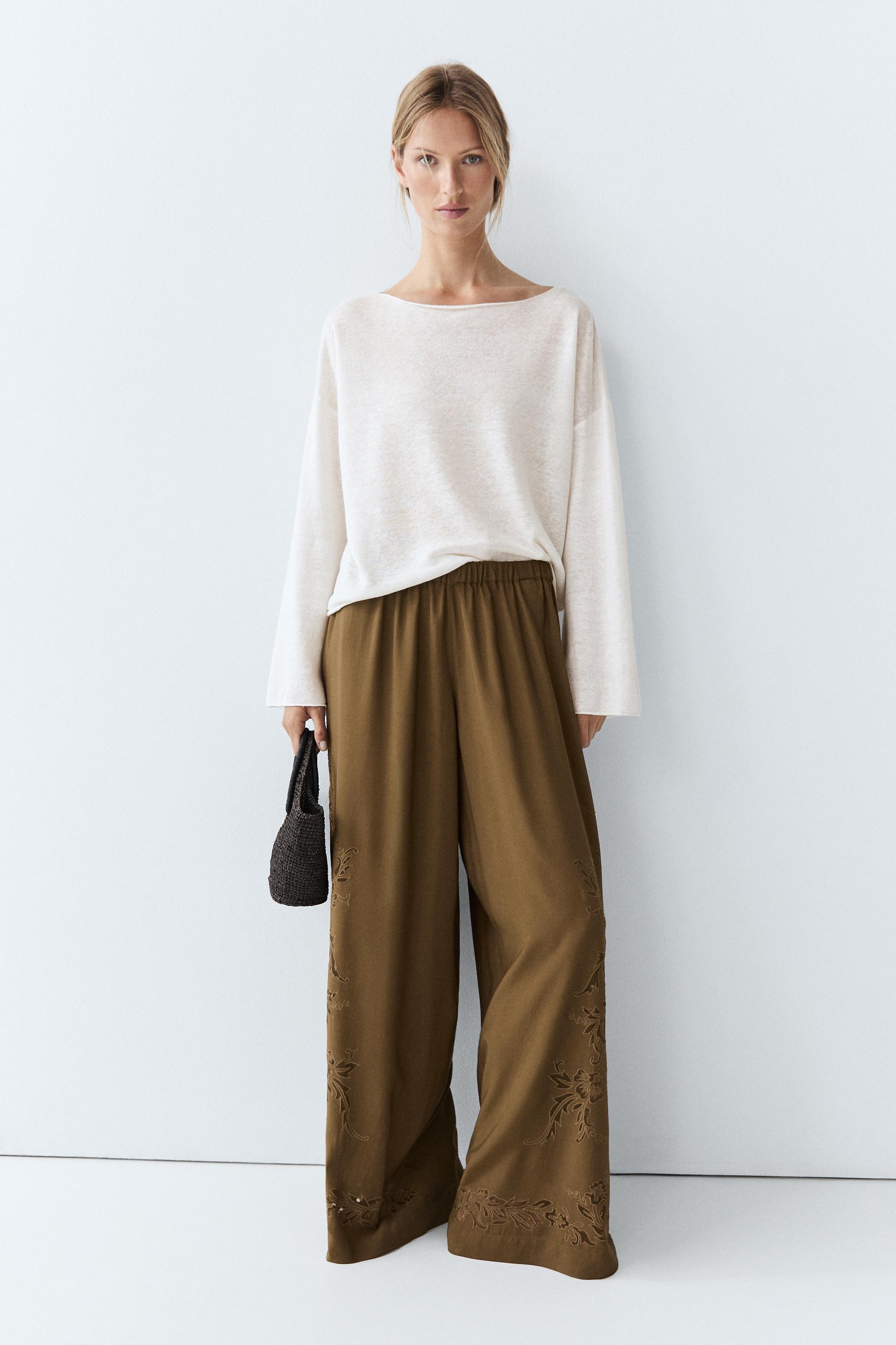 Flowing wide-leg pants with embroidery details — KHAKI