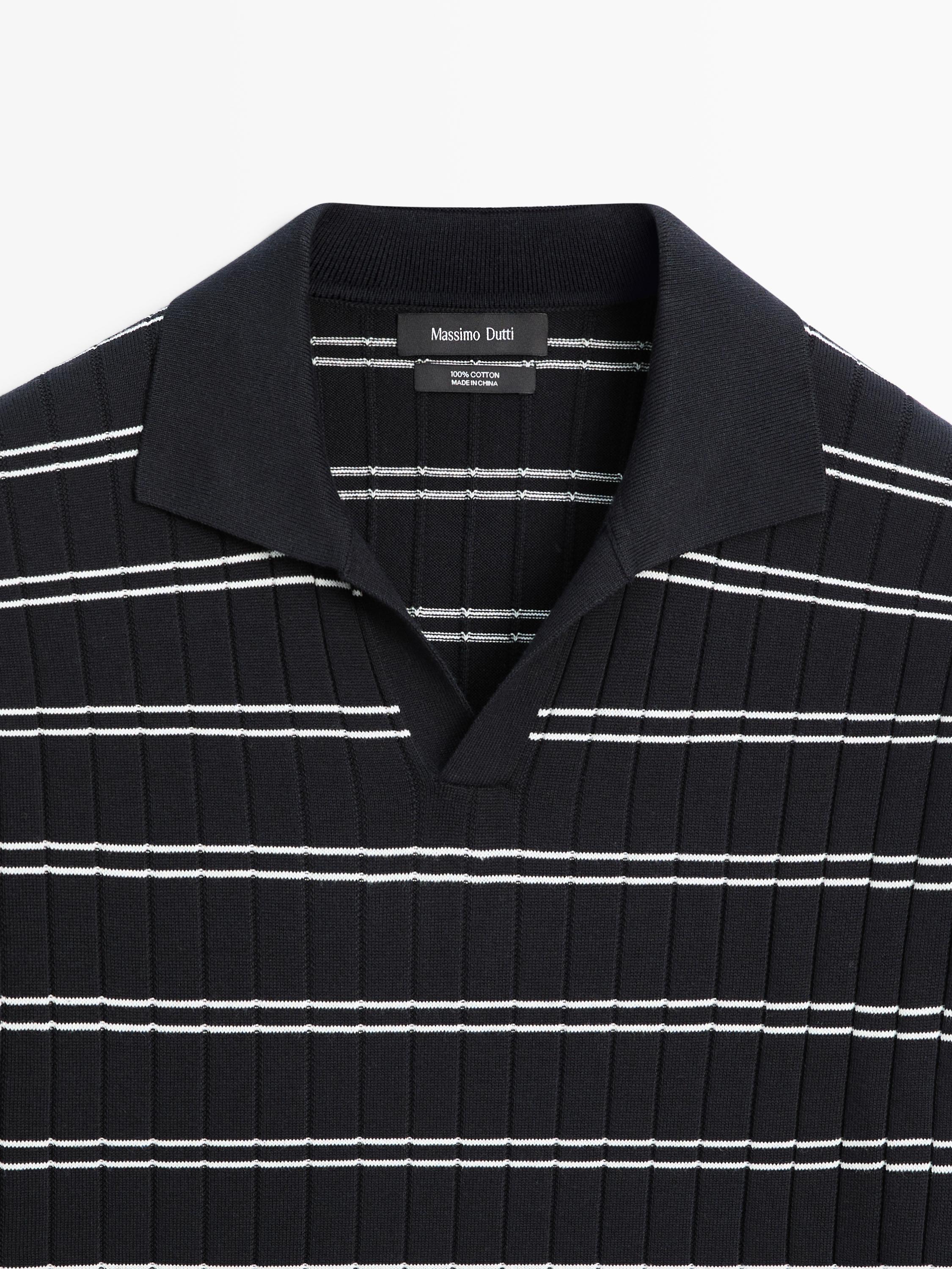 Striped cotton knit polo shirt — NAVY BLUE