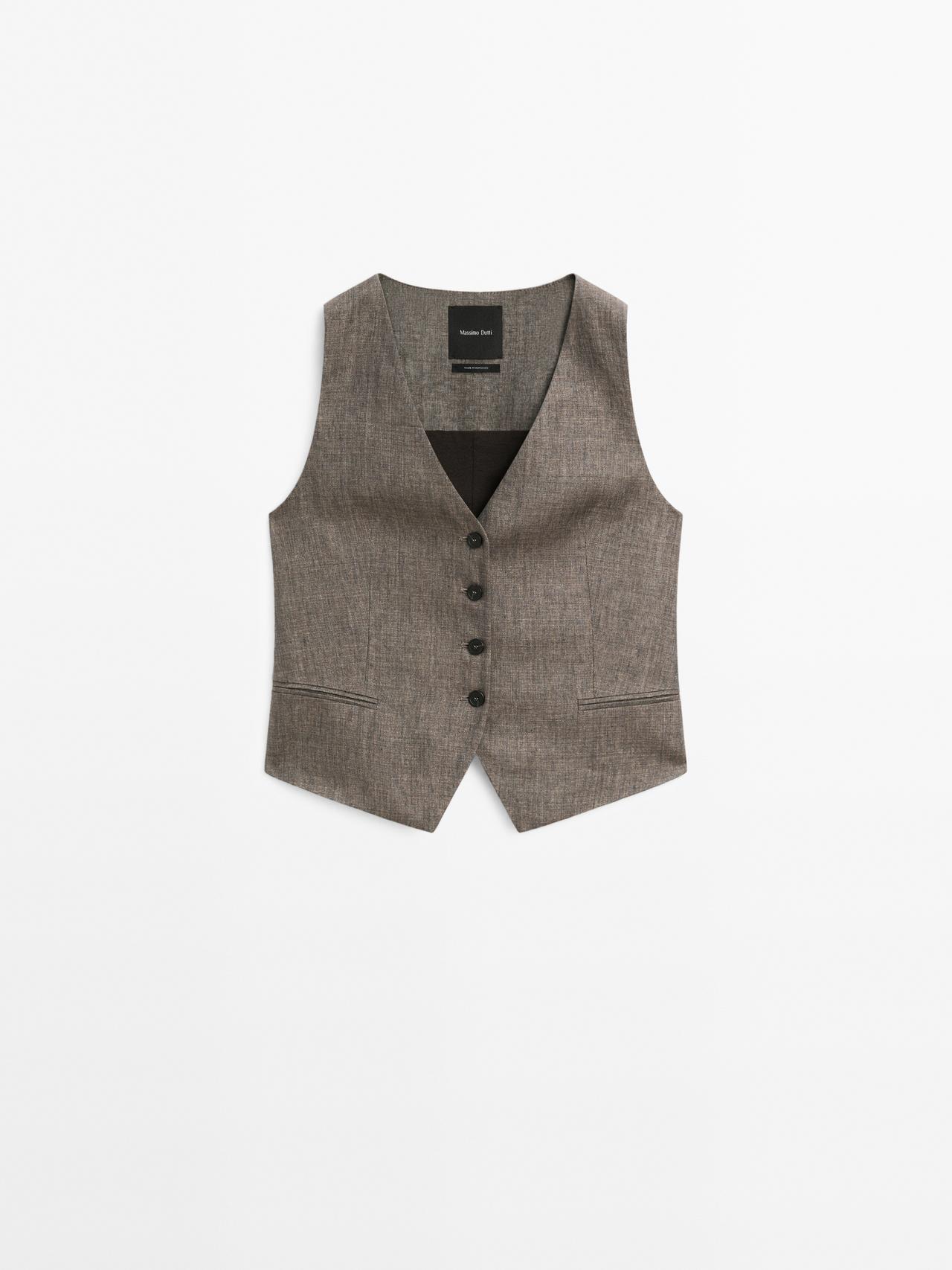 Massimo Dutti - Dame - Figursyet Vest I 100 % Hør - Blå - M