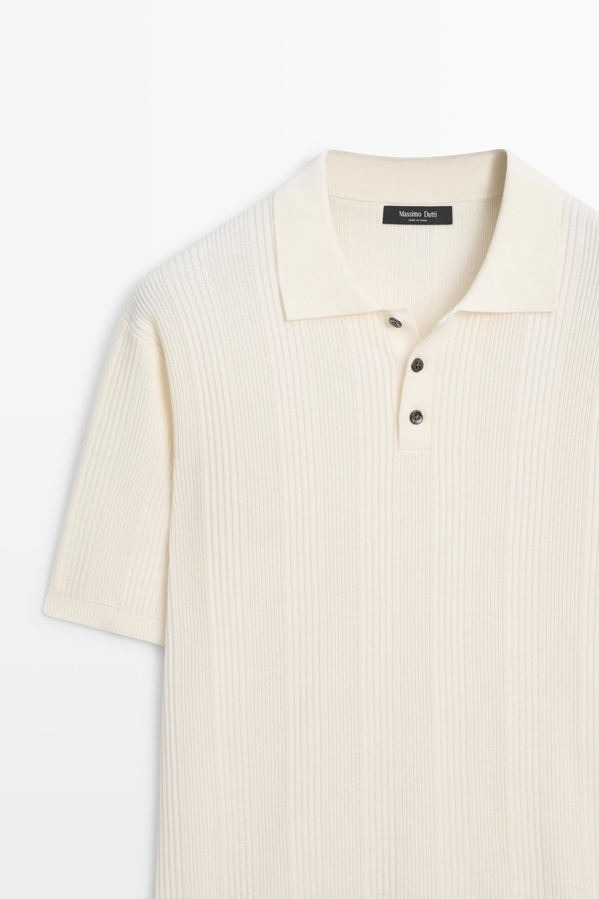 100% cotton textured striped knit polo shirt — CREAM