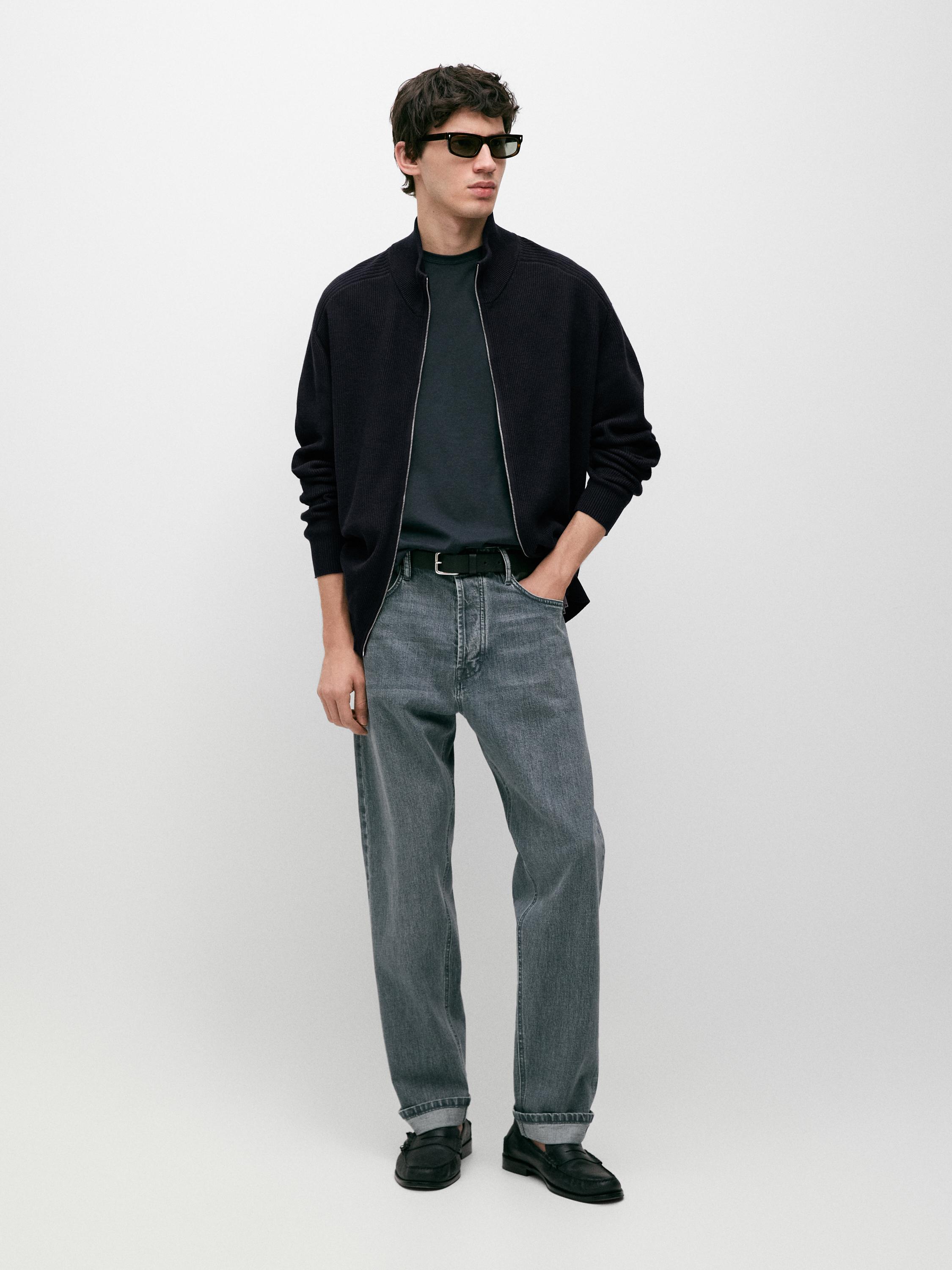 Cotton zip-up knit cardigan — NAVY BLUE