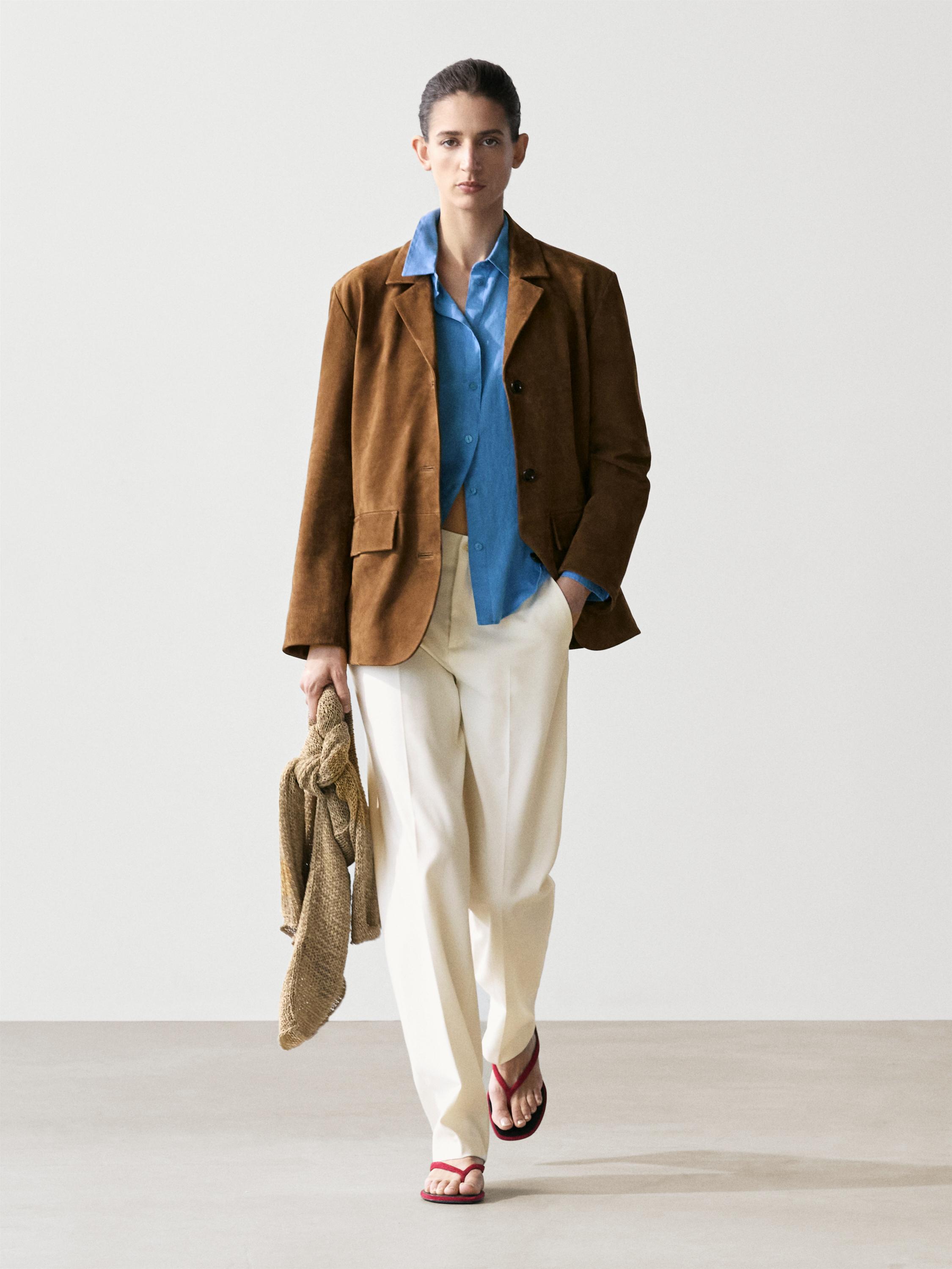 100% suede leather blazer with lapel collar — BROWN